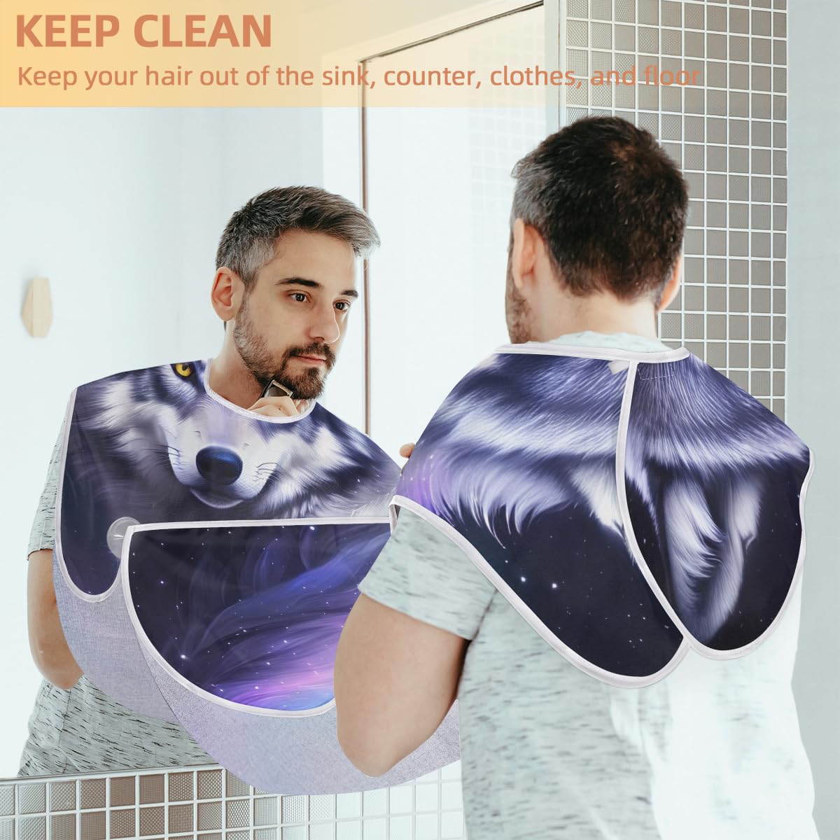 Galaxy Wolf Print Beard Shaving Bib for Men - Waterproof Hair Dye Apron & Barber Cape for Haircut, Beard Trimming & Makeup - Sink Hair Catcher & Grooming Accessory - Perfect for Home Barbering & Salon Professionals