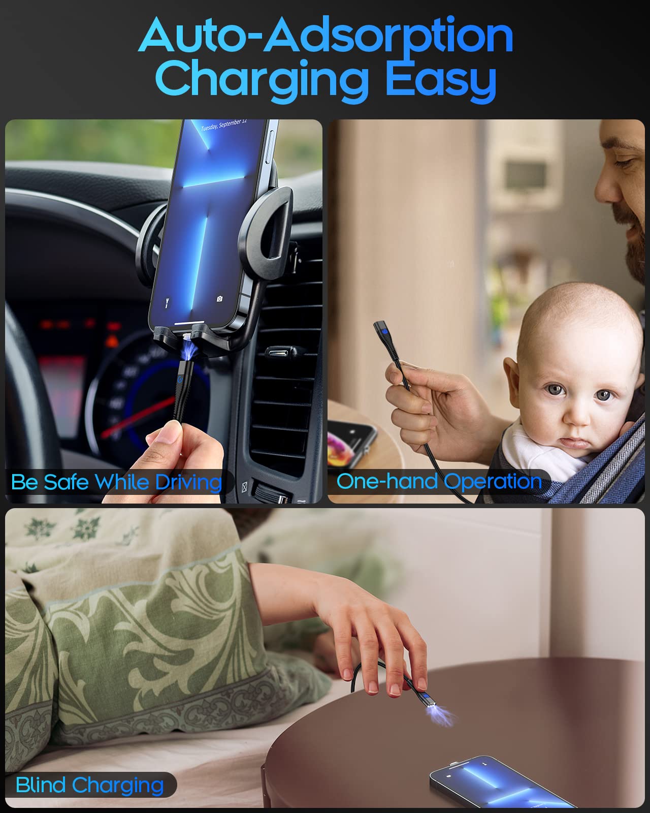 YKZ 3-in-1 Magnetic Charging Cable - Fast 15W USB-C/Micro USB/Lightning Cable with 12 Adapter Tips, Nylon Braided Durable Charger for iPhone 15/14/13/12, Samsung Galaxy, iPad & More (4-Pack: 1M+1M+2M+2M) - Perfect for Home, Office & Travel Charging