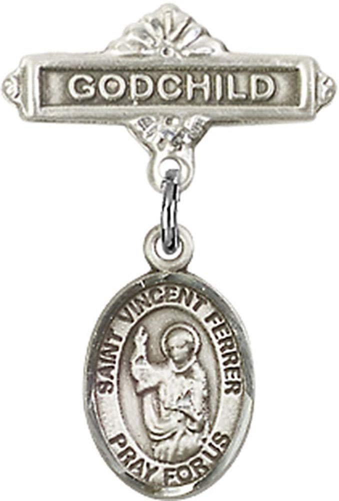 Sterling Silver Baby Badge with St. Vincent Ferrer Charm & Godchild Pin - Handmade in USA | Religious Jewelry for Baptism, Christening & First Communion Gifts