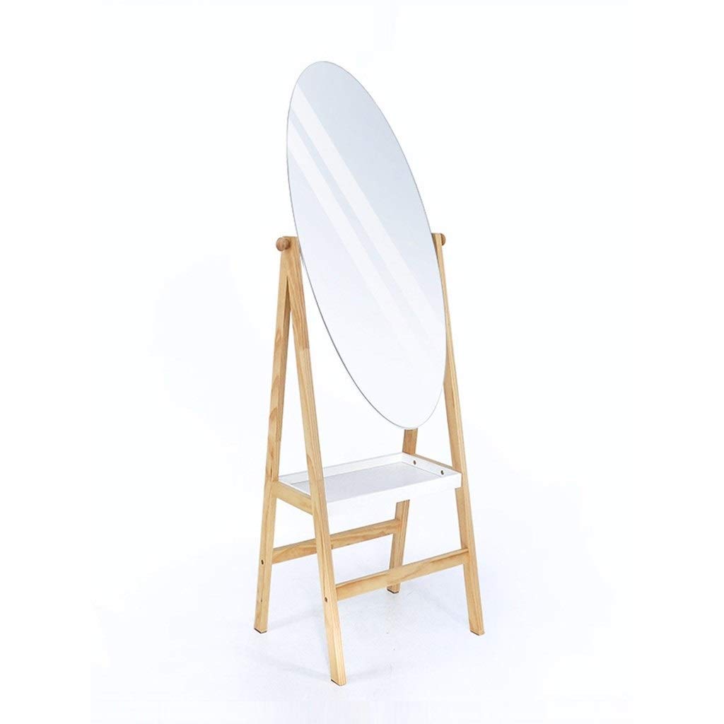 **Solid Wood Oval Floor Standing Makeup Mirror with Storage - Adjustable Dressing Mirror for Vanity, Bedroom & Bathroom - Wood Color Cosmetic Mirror**