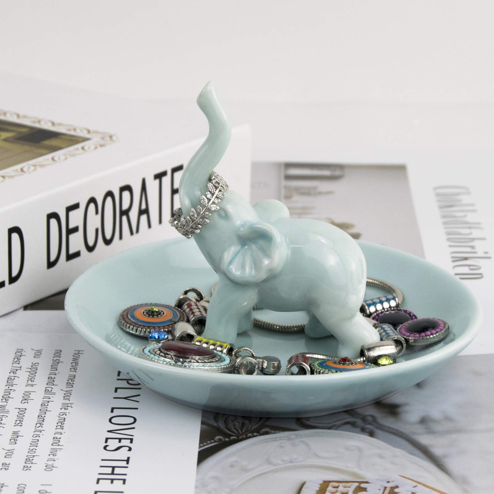 PUDDING CABIN Blue Elephant Ring Holder Trinket Dish - Elegant Elephant Gifts for Women, Perfect Christmas & Birthday Gifts for Mom, Girls, Her, Unique Engagement Ring Holder & Wedding Gift for Home Decor, Jewelry Organizer, and Vanity Display