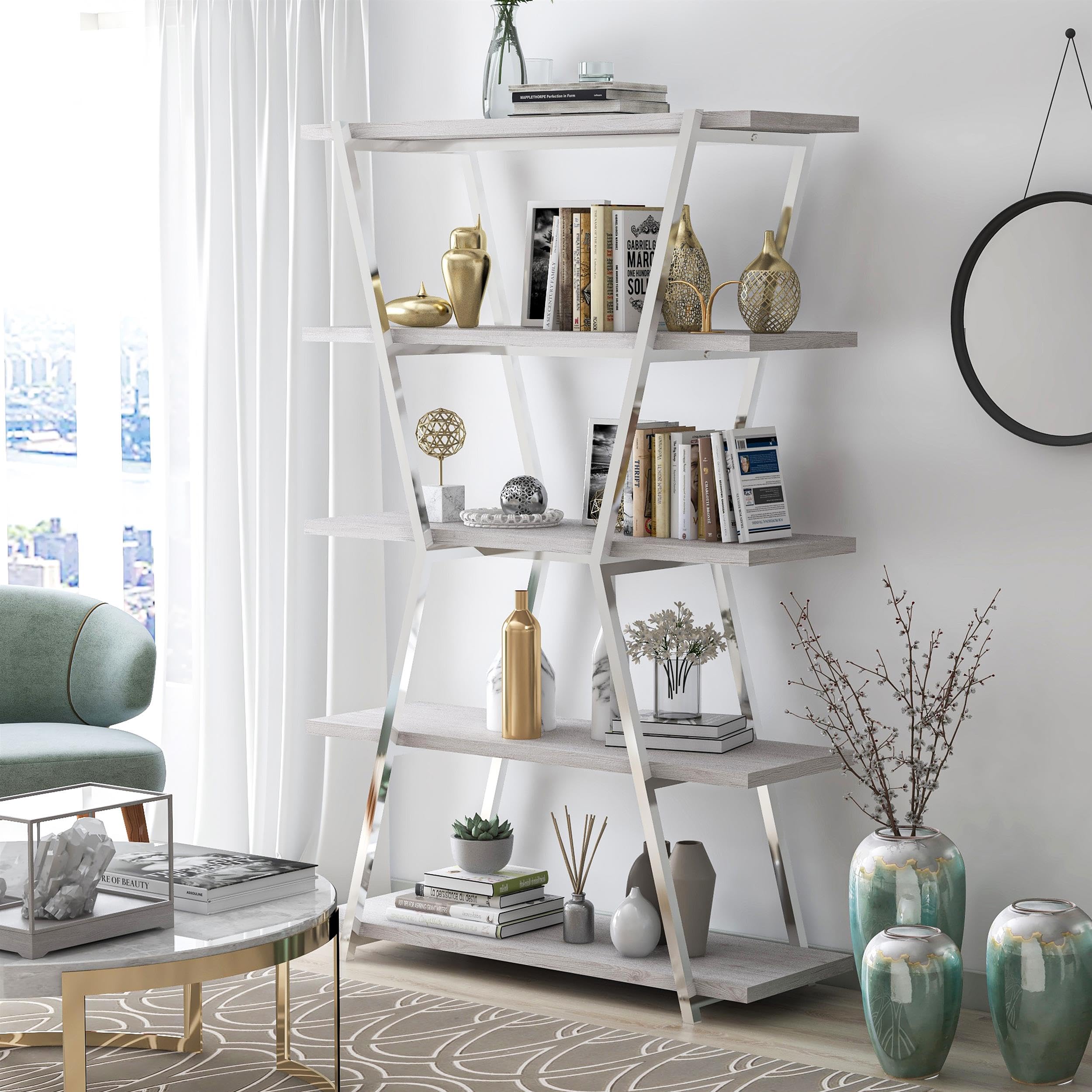 Furniture of America Ketano Chrome Metal 4-Tier Bookcase - Perfect for Home Office, Living Room & Bedroom Storage