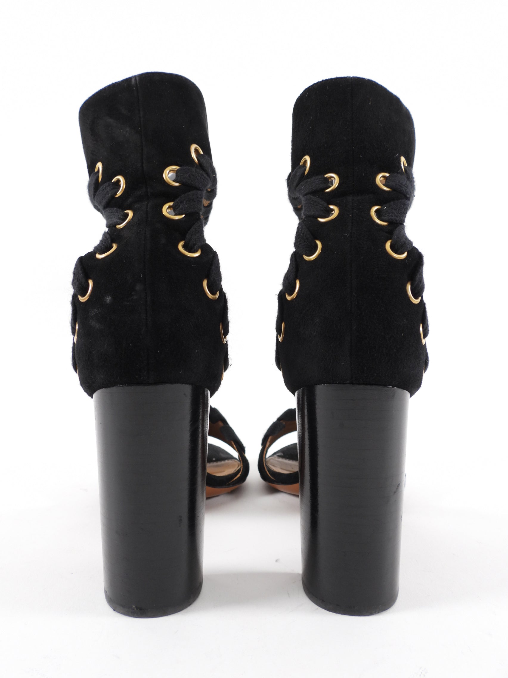 Chloe Black Suede Block Heel Grommet Sandals - Women's Size 38 / US 8 - Comfortable Dressy Summer Shoes for Weddings & Date Nights