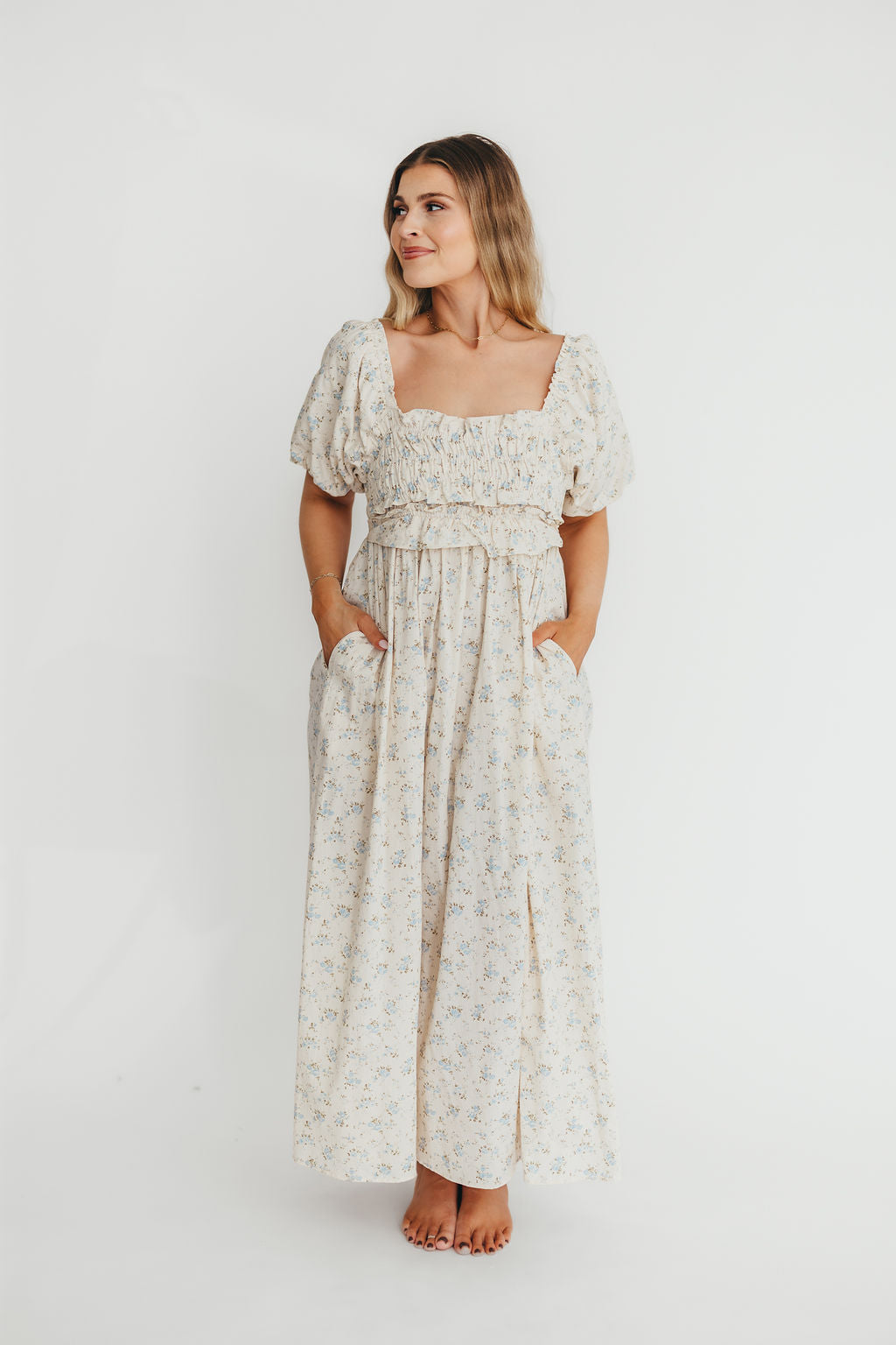 Finley 100% Cotton Peplum Midi Dress - Ivory & Blue - Bump & Nursing Friendly Maternity Dress for Pregnancy & Breastfeeding | Perfect for Casual Outings, Baby Showers & Nursing Dates