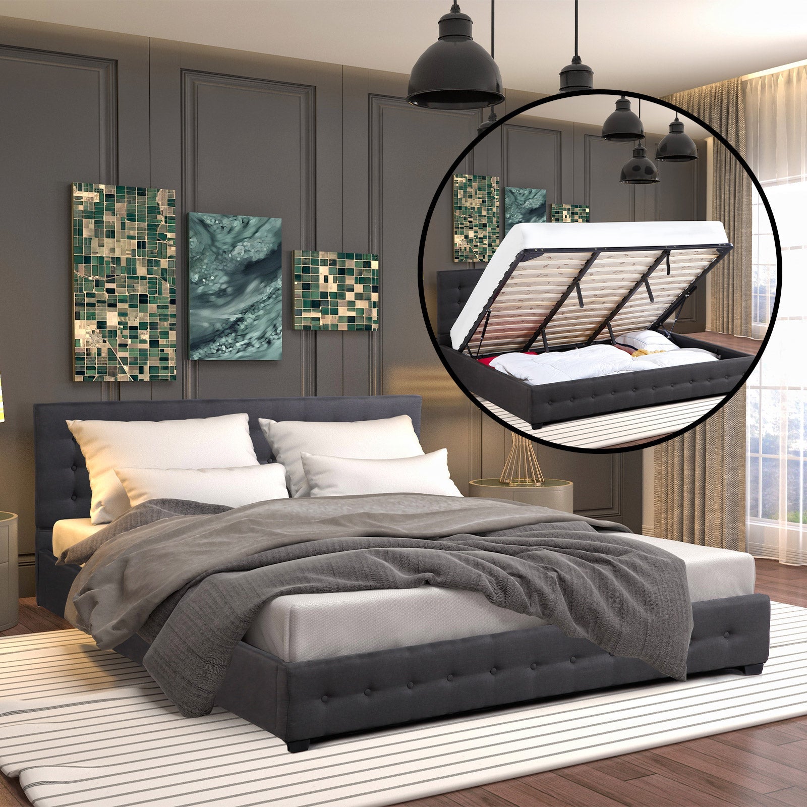 Decor Eden Gas Lift Storage Bed Frame - Dark Grey Queen Size, Upholstered Platform Bed with Hydraulic Lift Mechanism for Bedroom & Guest Room