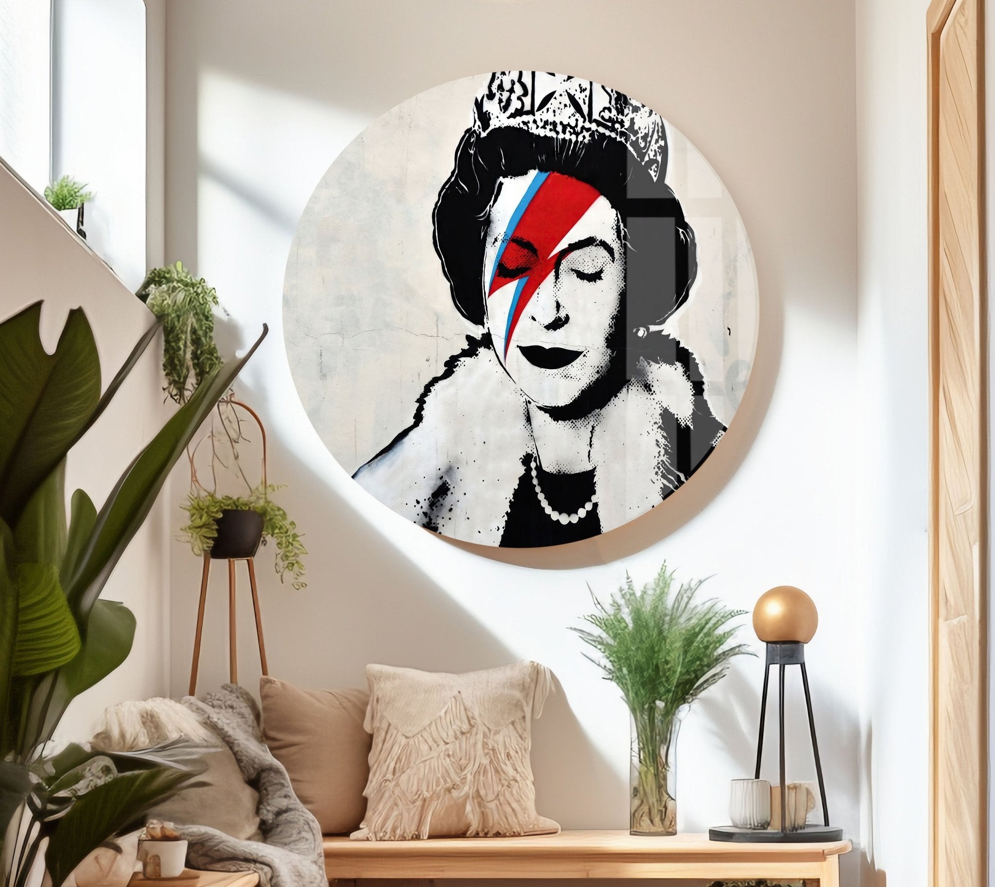 Banksy Queen Elizabeth Glass Wall Art - Modern Home Decor for Living Room, Office & Gifts | Unique Street Art-Inspired Glass Print