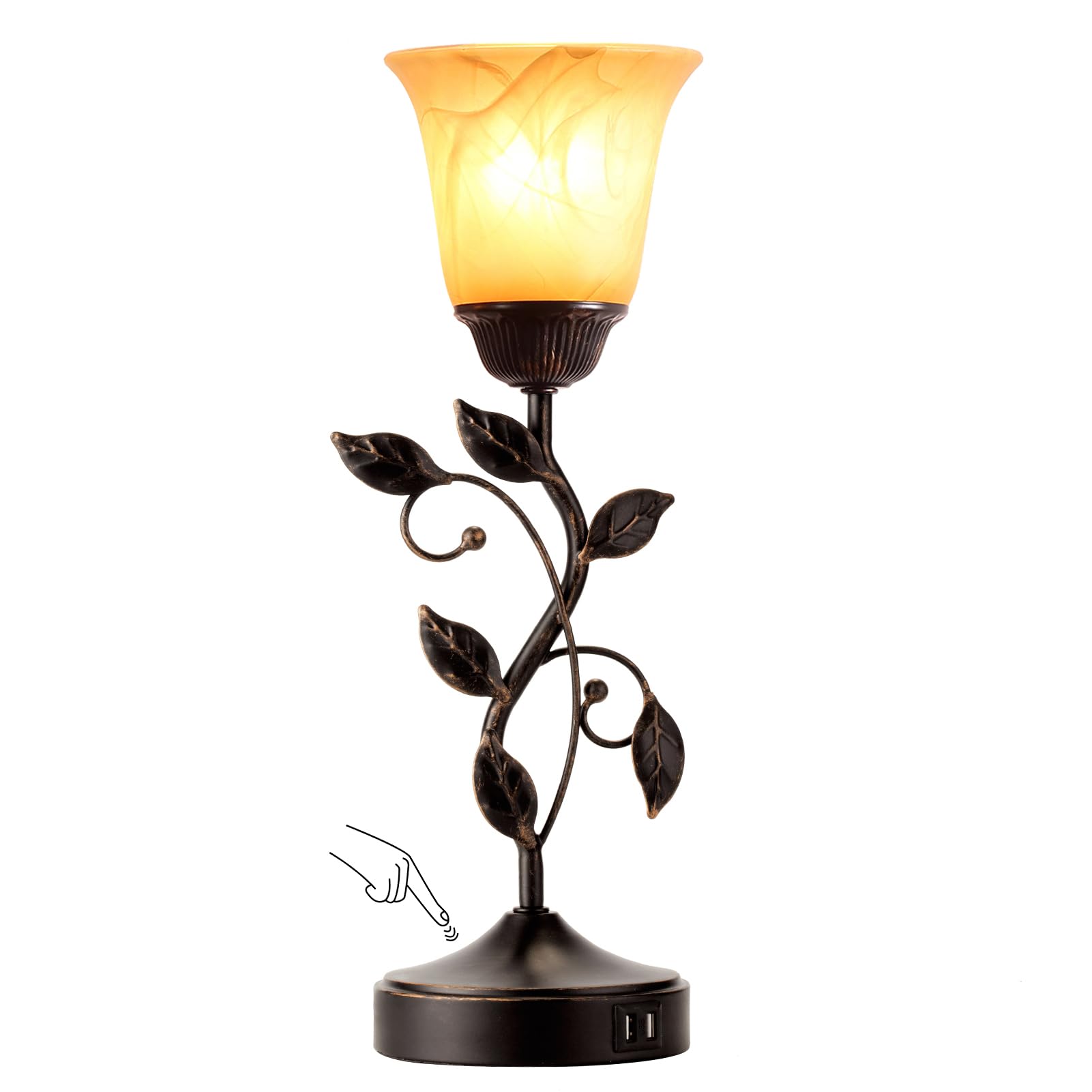 Touch Control Table Lamp with 2 USB Charging Ports & 3-Way Dimmable LED Light - Vintage Amber Glass Shade Nightstand Lamp for Bedroom, Living Room, Office - Perfect for Reading, Charging Devices & Creating Cozy Ambience (Bronze Finish, Bulb Included)