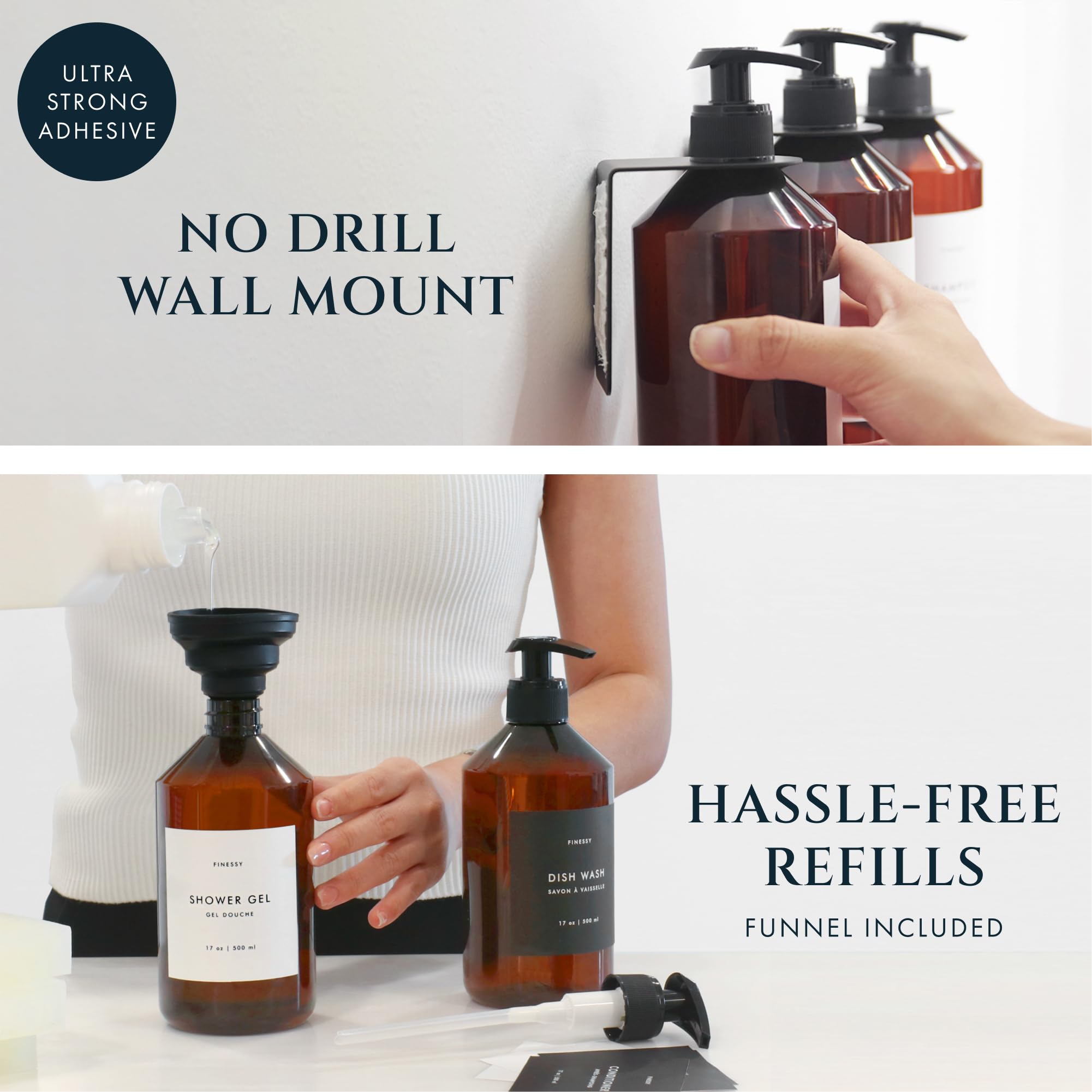 Refillable 3-Chamber Shampoo, Conditioner & Body Wash Dispenser with Pump - No Drill Wall Mount for Bathroom & Shower - Labeled Containers for Easy Refilling - Perfect for Spa, Gym & Home Use