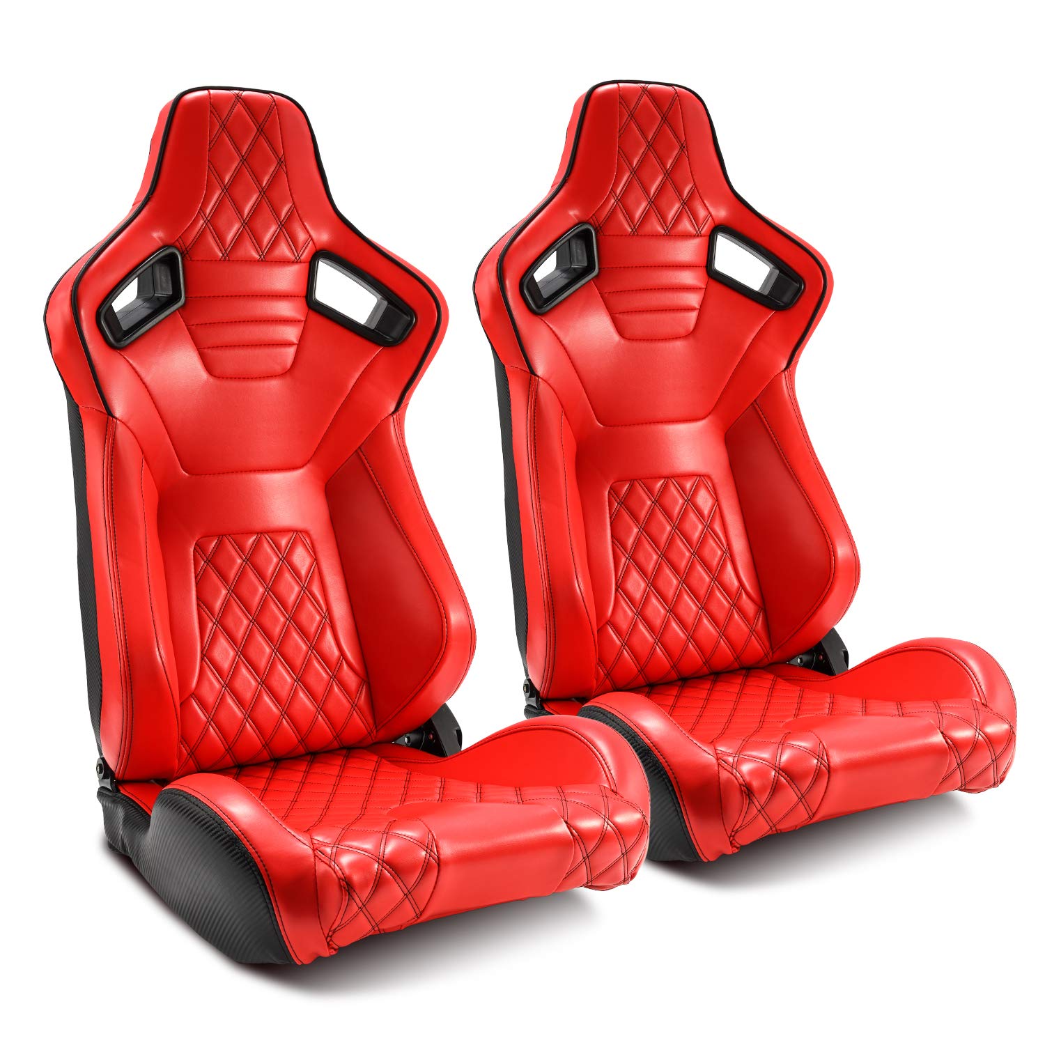 Universal Racing Bucket Seats - 1 Pair Red & Black Carbon Fiber Style PVC Leather Reclinable Car Seats for Sports Cars & Performance Vehicles - Perfect for Racing, Drifting & Car Upgrades