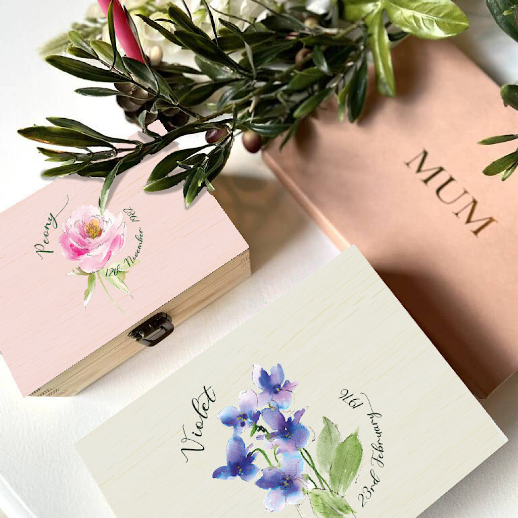 Personalized Birth Flower Keepsake Box - Engraved Wooden Jewelry & Memory Storage for Birth Month Gifts, Anniversary, Wedding, Baby Shower - Perfect for Home Decor & Sentimental Gift Giving