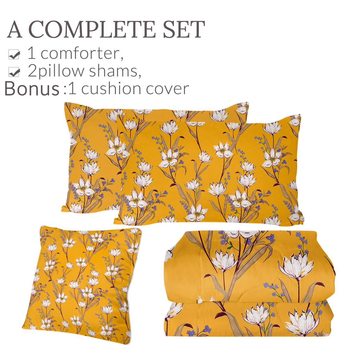 Sleepwish Blooming Flowers Comforter Set - Soft Botanical Bedding with White Floral Pattern on Orange Background, Ultra Soft Microfiber Fashion Print Bedding (4pcs, Twin Size) - Perfect for Spring Bedroom Decor & Guest Room Makeover