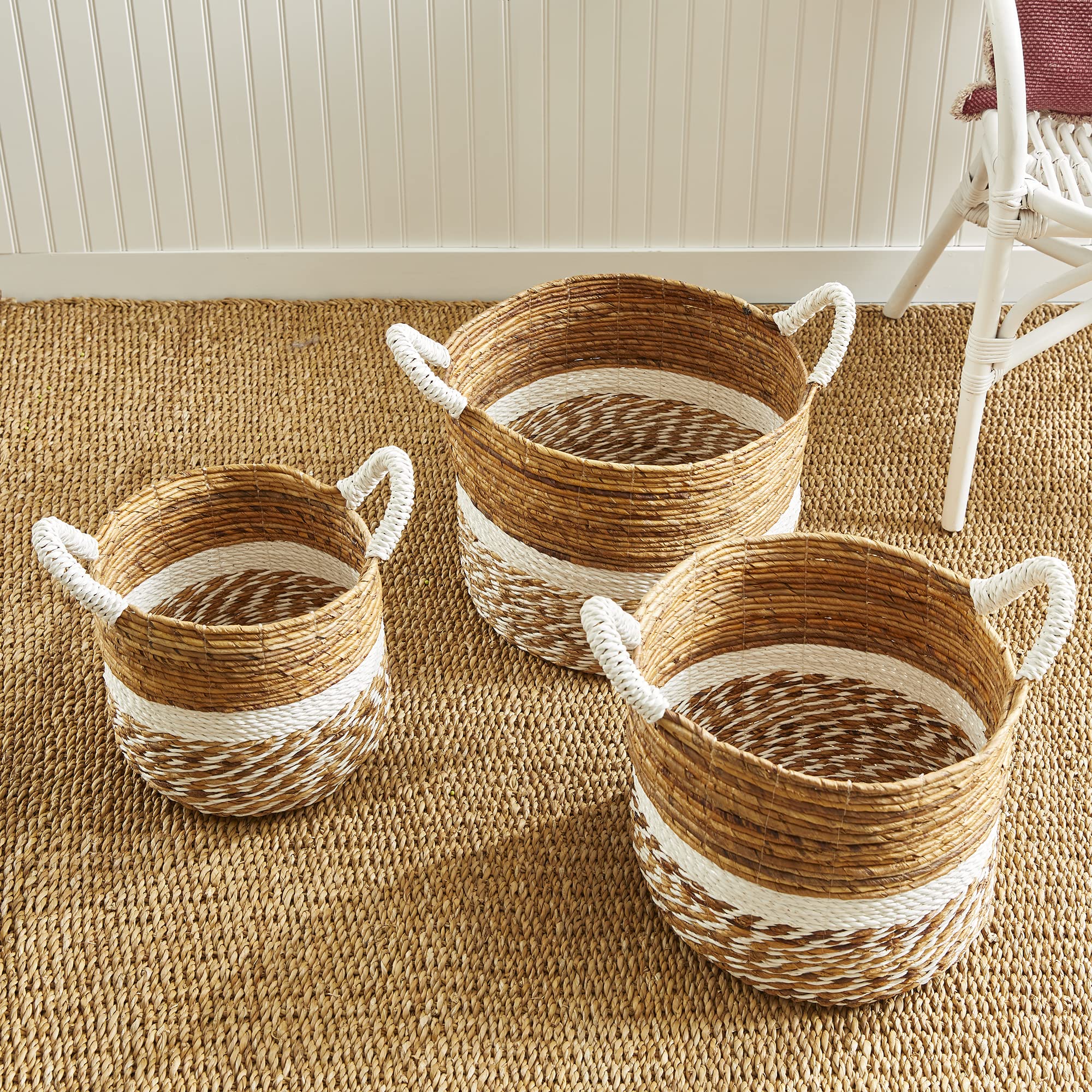 Napa Home & Garden Key Largo Round Woven Storage Baskets - Set of 3 White Decorative Baskets for Home Organization, Laundry, Bathroom & Living Room Decor