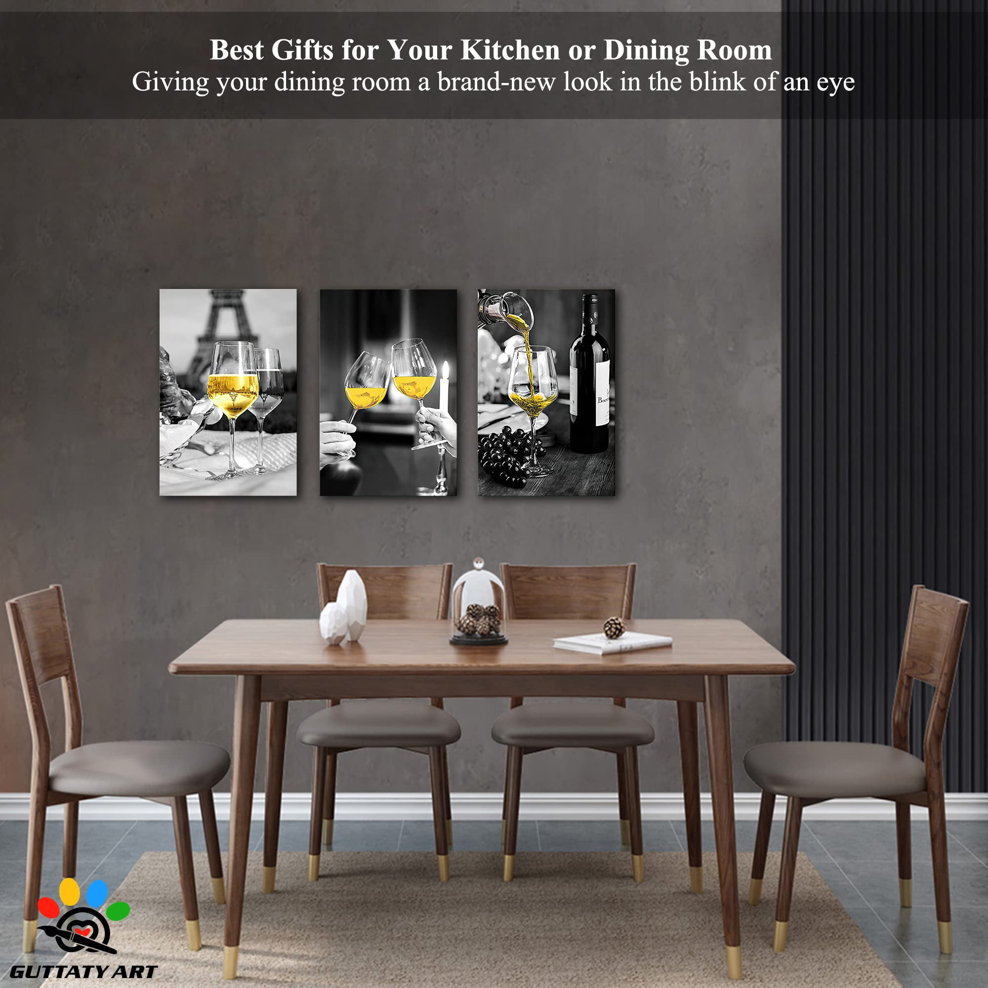 Modern Black and White Dining Room Wall Art - Set of 3 Yellow Wine Glasses Canvas Prints 12