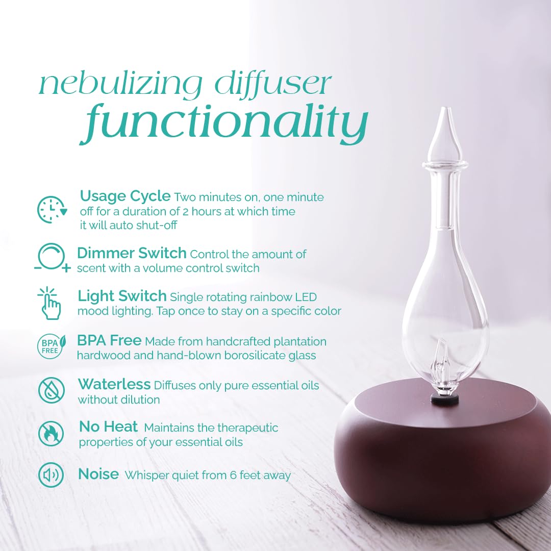 Premium 2.0 Ultrasonic Essential Oil Diffuser with Dark Wood Base & Glass Reservoir - Aromatherapy Humidifier with Touch Sensor LED Lights for Home, Office, Yoga & Spa Relaxation
