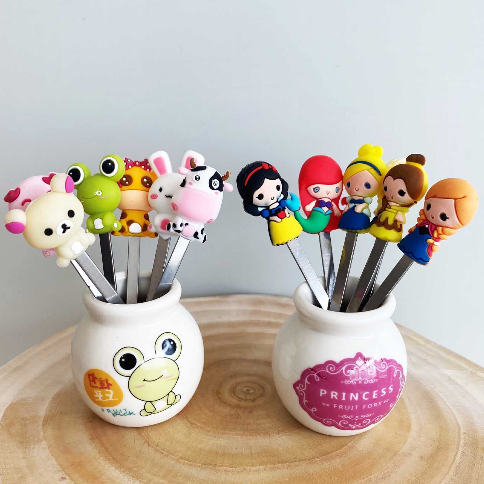 Stainless Steel Fruit Forks Set of 6 with Holder - Cute Cartoon & Fairy Princess Design for Kids, Party, Picnic, and Home Use