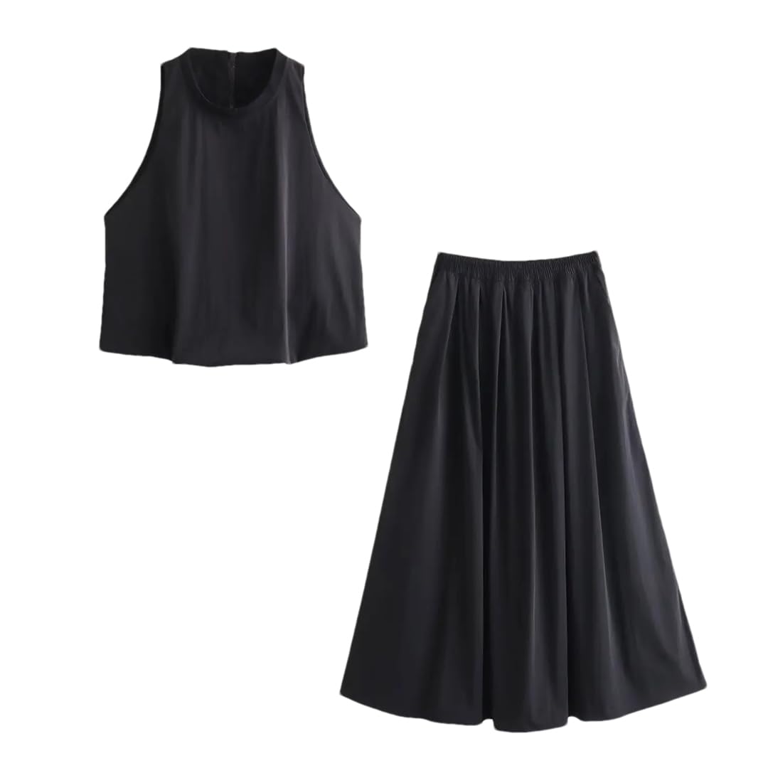 Women's Sleeveless High Waist Tank Top & Draped Midi Skirt Set - Slim Fit Zipper Back Crop Top Outfit for Summer, Beach, Party & Casual Wear