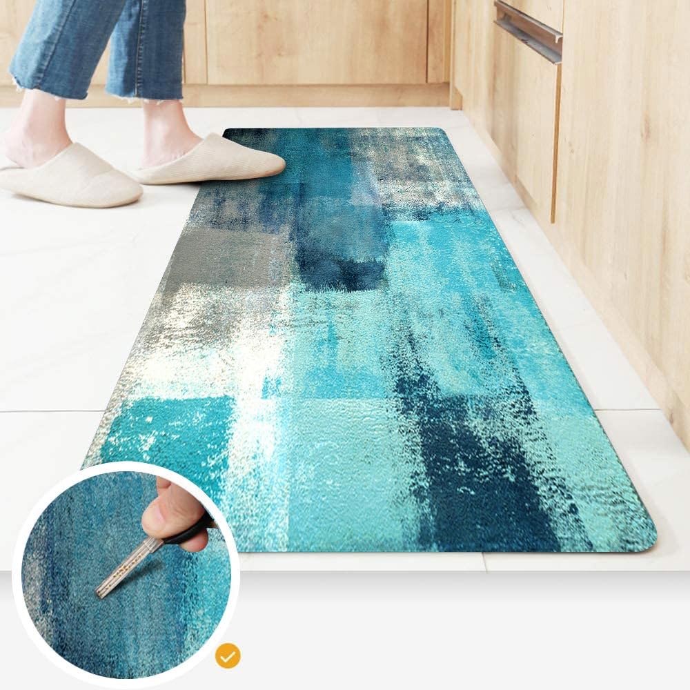 TOMWISH Turquoise Anti-Fatigue Kitchen Rug Set - 2PCS Non-Slip Waterproof PVC Floor Mats, Ergonomic Comfort Standing Mat for Kitchen, Sink, Laundry, and Bathroom Use