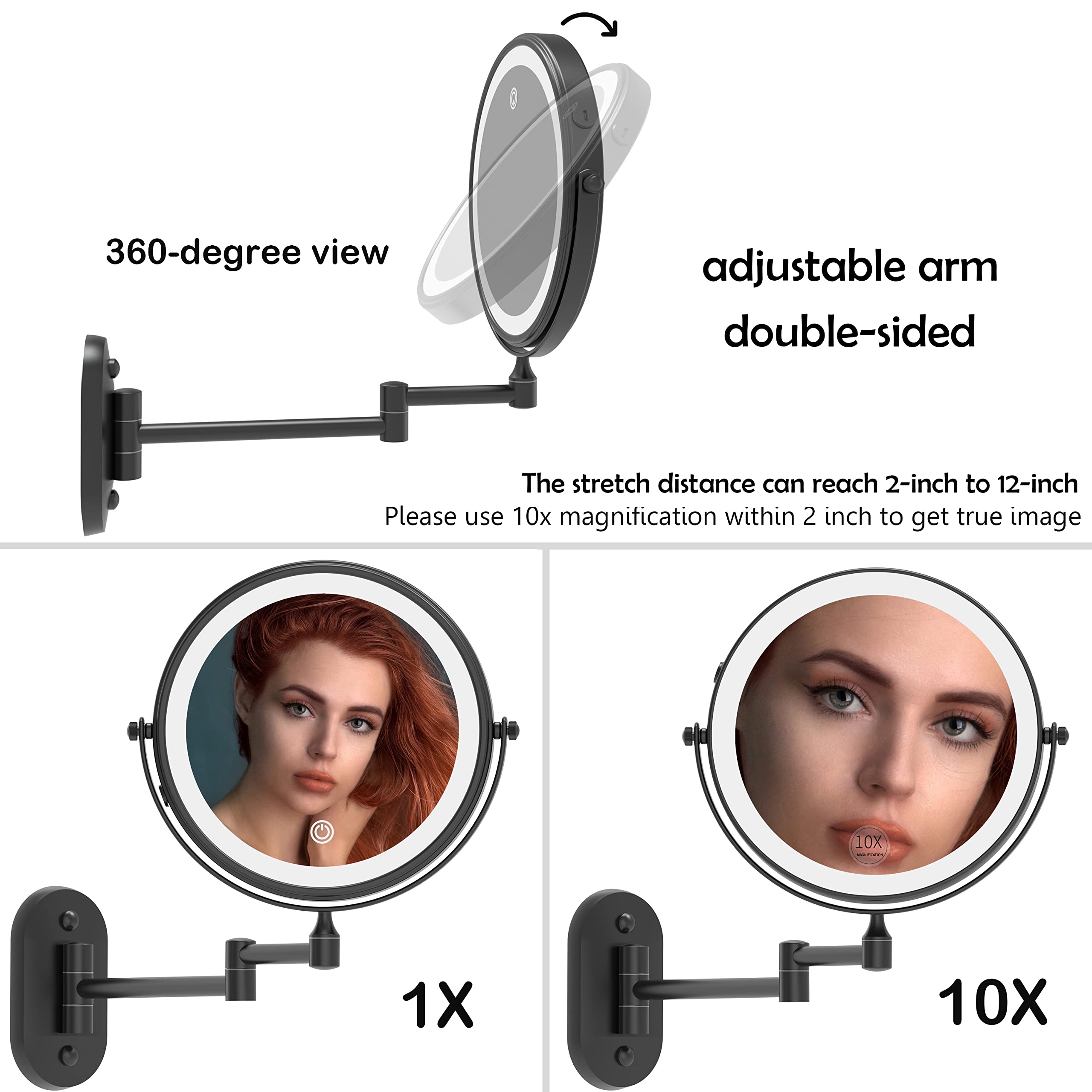 Rechargeable Makeup Mirror with LED Lights - 8 Inch Double Sided Vanity Mirror (1x/10x Magnification) - Matte Black Stainless Steel & Zinc Alloy Wall Mounted Mirror for Bathroom, Bedroom, and Dressing Room
