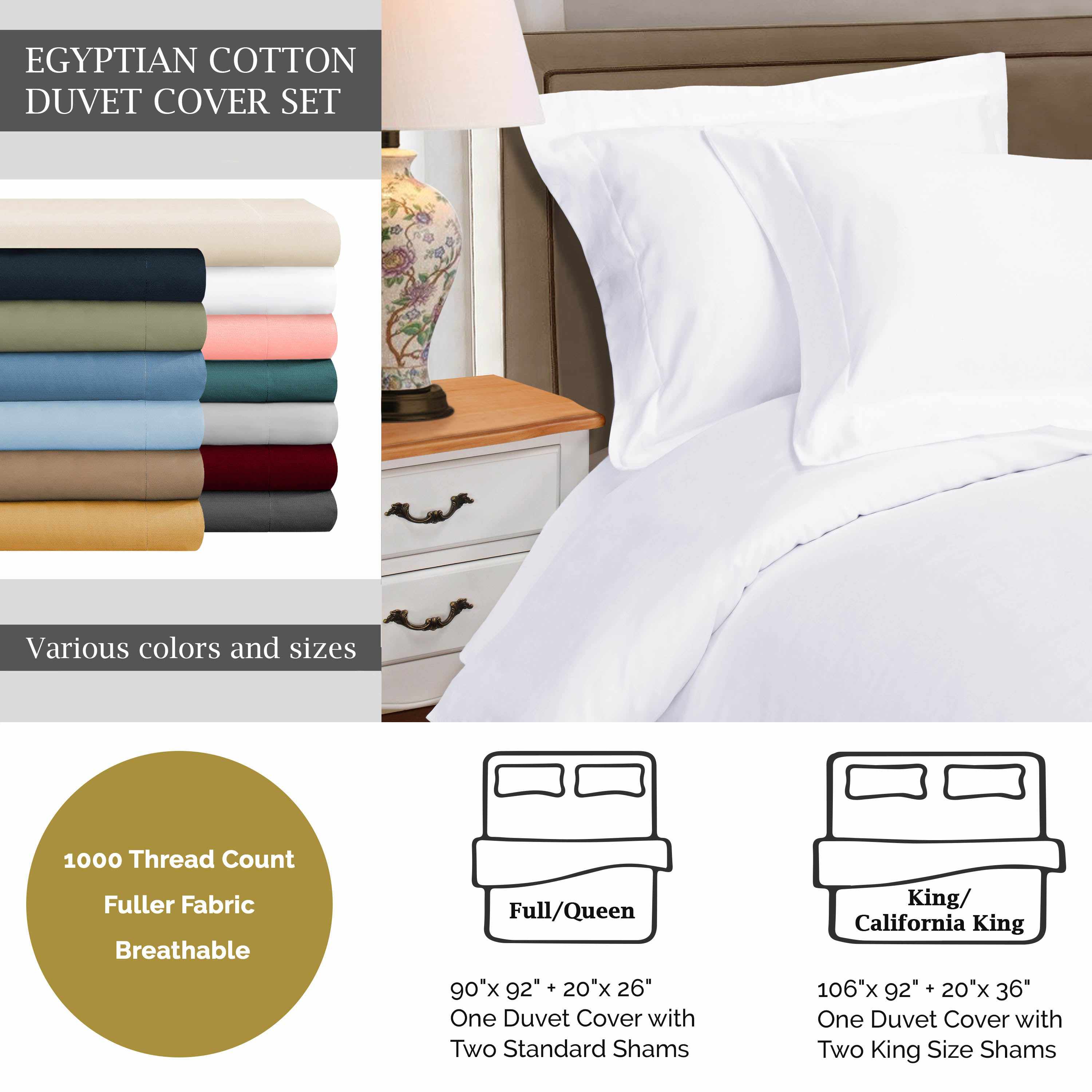 1000 Thread Count Egyptian Cotton Solid Duvet Cover Set - Luxury Bedding for Master Bedroom & Guest Room - Soft Breathable Duvet Cover for All Seasons