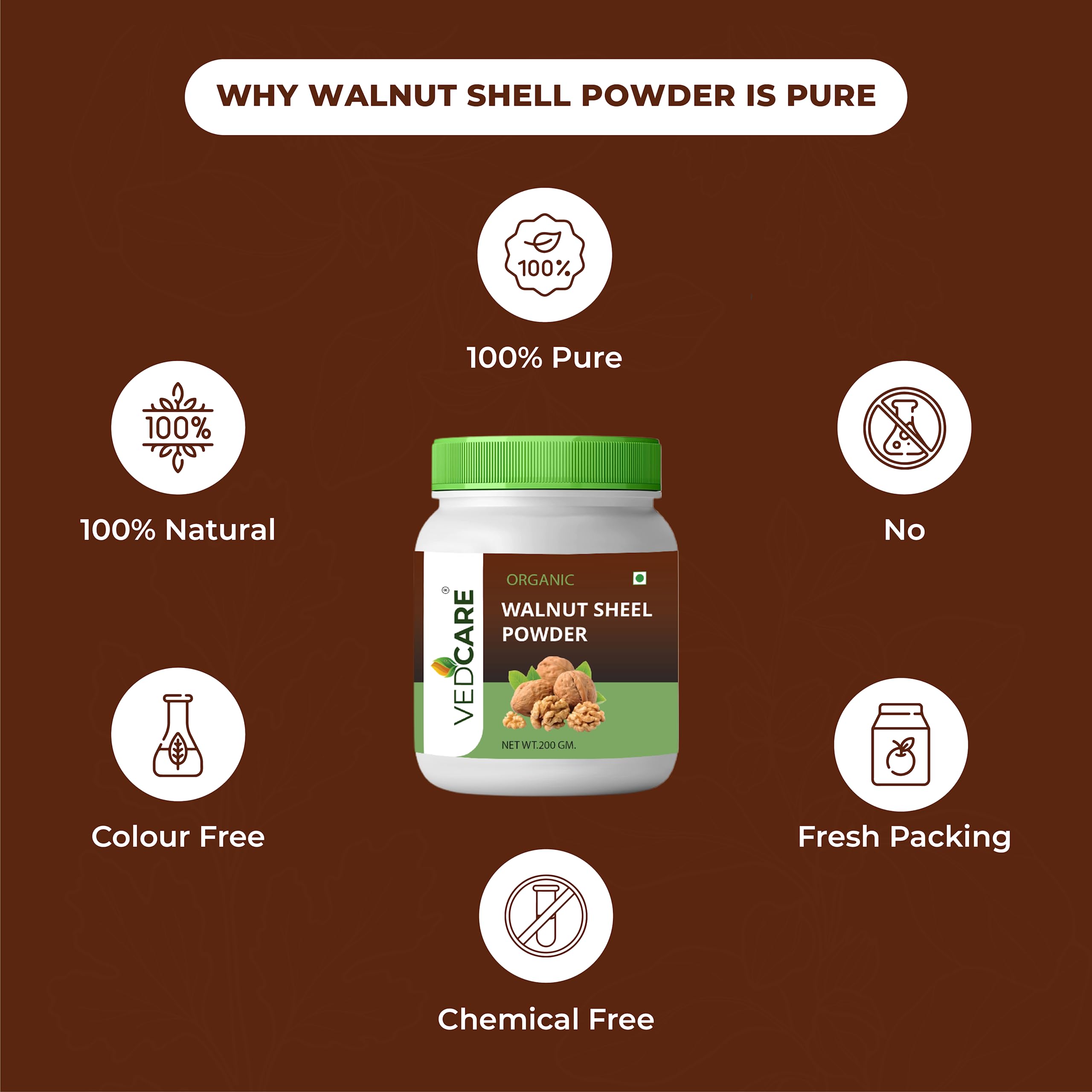 Vedcare 100% Natural Walnut Shell Powder - 200g (7oz) Exfoliating Scrub for Face & Body | Organic Skincare, DIY Beauty, Spa Treatments