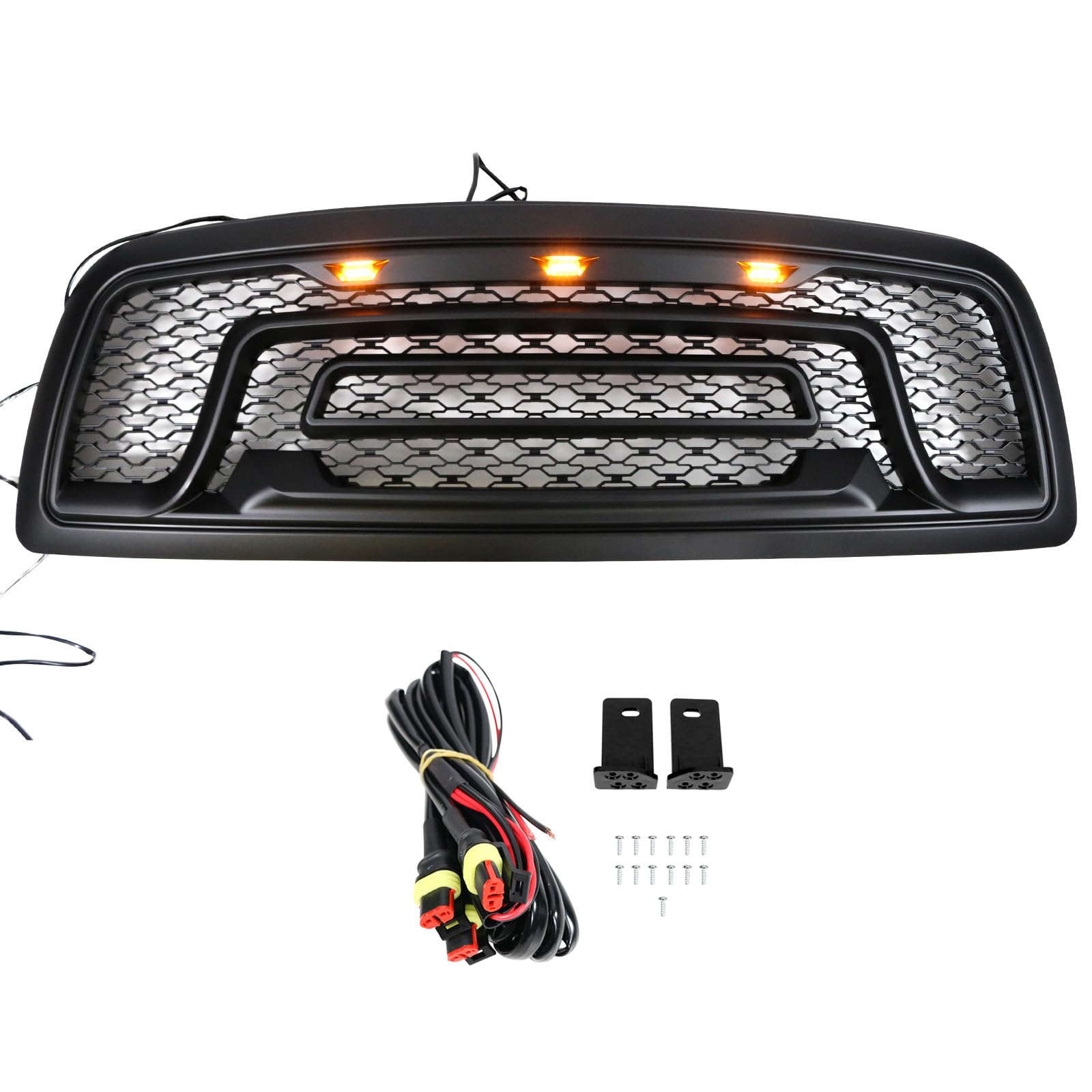 IKON MOTORSPORTS Matte Black Mesh Grille for 2009-2012 Dodge Ram 1500 - Upper Front Bumper Hood Grill Shell with LED Signal Lights | Perfect for Off-Roading & Truck Customization