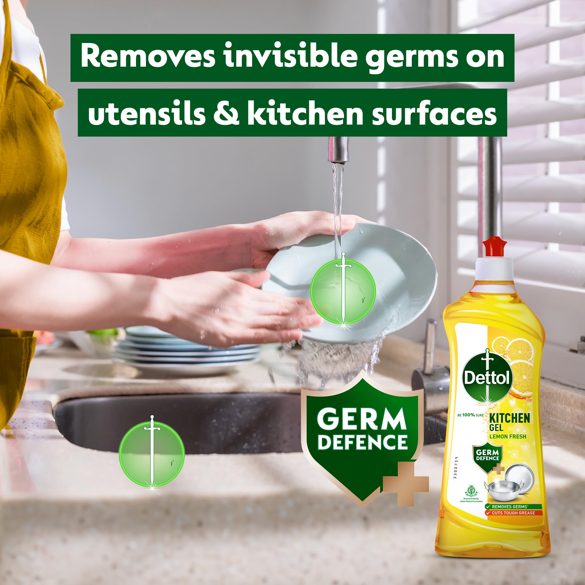 Dettol Lemon Fresh Dishwashing Liquid & Cleaning Gel - 750ml Bottle | Cuts Tough Grease & Kills Germs | Perfect for Kitchen Cleaning, Dishwashing & Sanitizing Surfaces