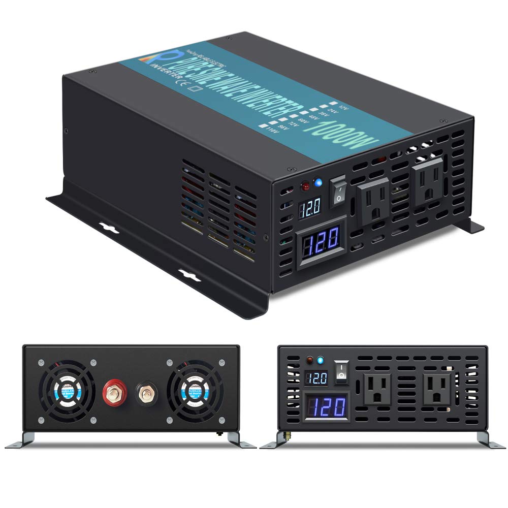 1000W Pure Sine Wave Power Inverter 12V DC to 120V AC Converter with 2 AC Outlets & LED Display - 2000W Surge for RV, Off-Grid, Camping, Emergency Backup Power & Car Charging