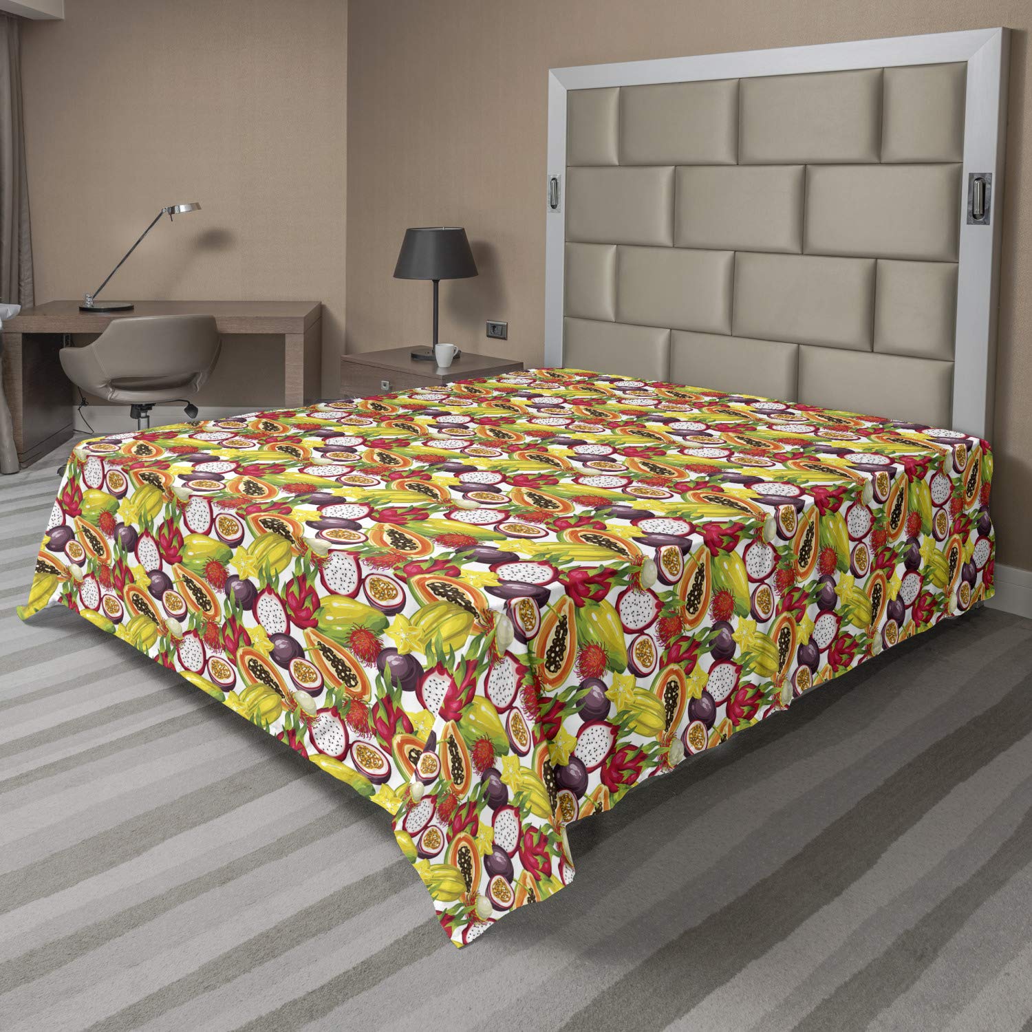 Ambesonne Tropical Fruit Flat Sheet - California King Size, Soft & Comfortable Decorative Bedding with Exotic Mango Dragon Fruit Design - Perfect for Beach House, Summer Bedroom or Boho Chic Decor