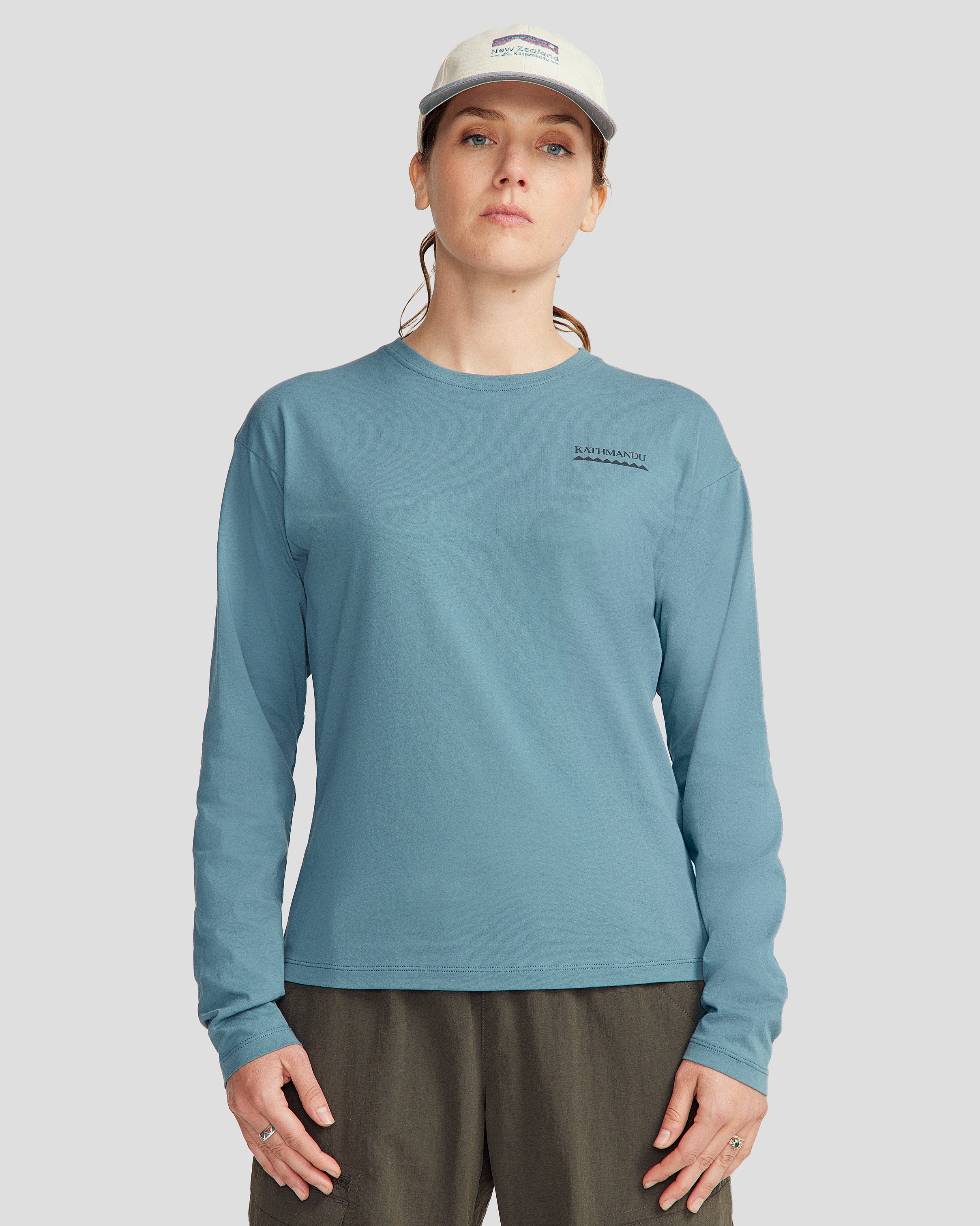 Heritage Logo Women's Organic Cotton Long Sleeve T-Shirt - Washed Blue - Eco-Friendly Casual Wear for Everyday Comfort