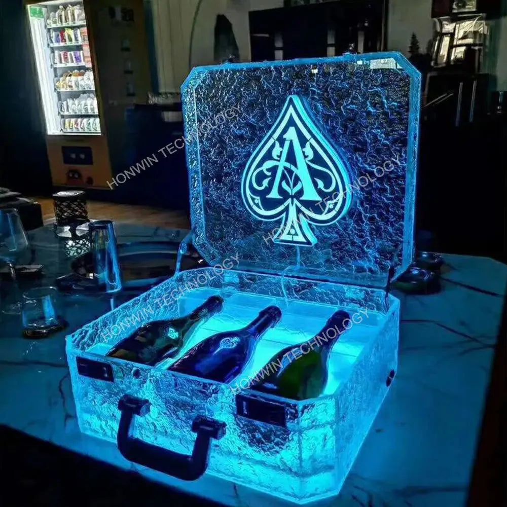 Premium LED Champagne Wine Box - Portable Ice Rock Display Case for 3 Bottles (Ace of Spade Design) - Whisky & Wine Carrier Suitcase with LED Lights - Perfect for VIP Gifts, Parties, and Luxury Home Bar Display