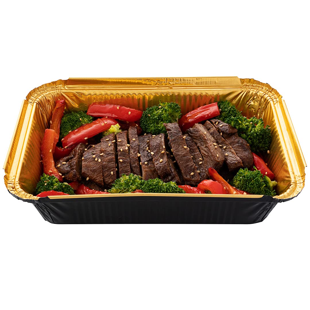 **Restaurantware Foil Lux 41 oz Heavy-Duty Aluminum Takeout Containers - 200 Recyclable Rectangle Black & Gold Foil Pans for Large Meals, Sides, Catering & Freezer Storage**