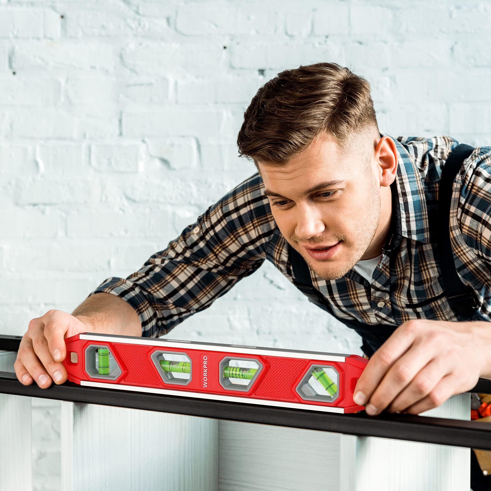 WORKPRO 12 Inch Magnetic Torpedo Level - Aluminum Reinforced with 4 Bubbles & V-Groove for Conduit Bending - Perfect for Plumbing, Construction, and DIY Home Improvement Projects
