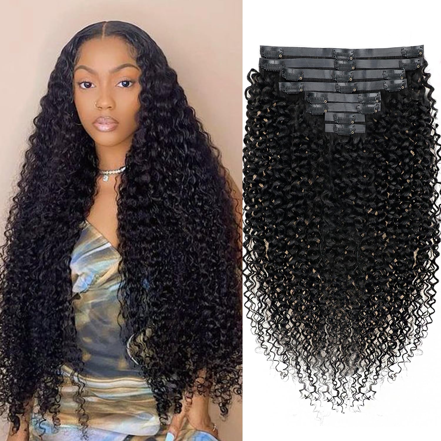 Seamless Clip-In Human Hair Extensions - Invisible PU Kinky Curly 8pcs Set with 18 Clips (120g, 26inch, Natural Black) for Volume & Length | Perfect for Parties, Weddings & Daily Styling