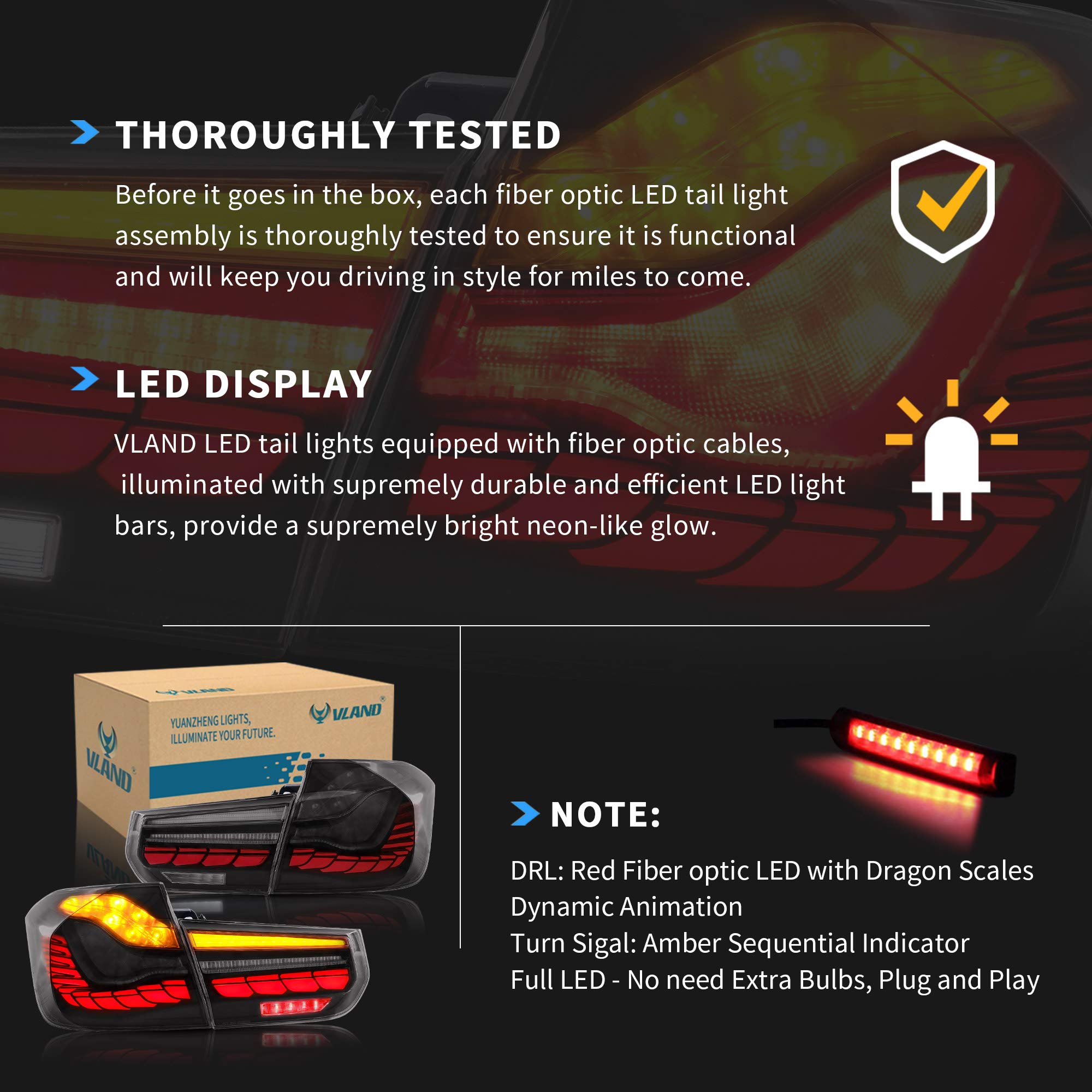 VLAND OLED Tail Lights for BMW 3-Series F30 F35 F80 Sedan 2013-2018 - Smoked Lens with Amber Sequential Turn Signals & Red 3D Dynamic Animation Lighting | Premium Aftermarket Upgrade for Enhanced Night Visibility and Style