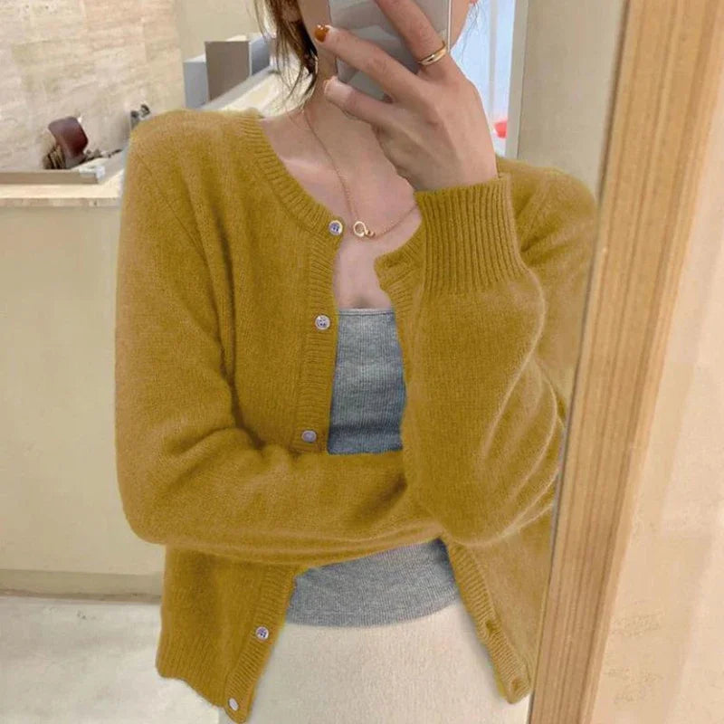 Solid Color Knitted Cardigan Round Neck Sweater for Women - Cozy Casual Pullover for Fall & Winter - Perfect for Office, Dating, and Travel
