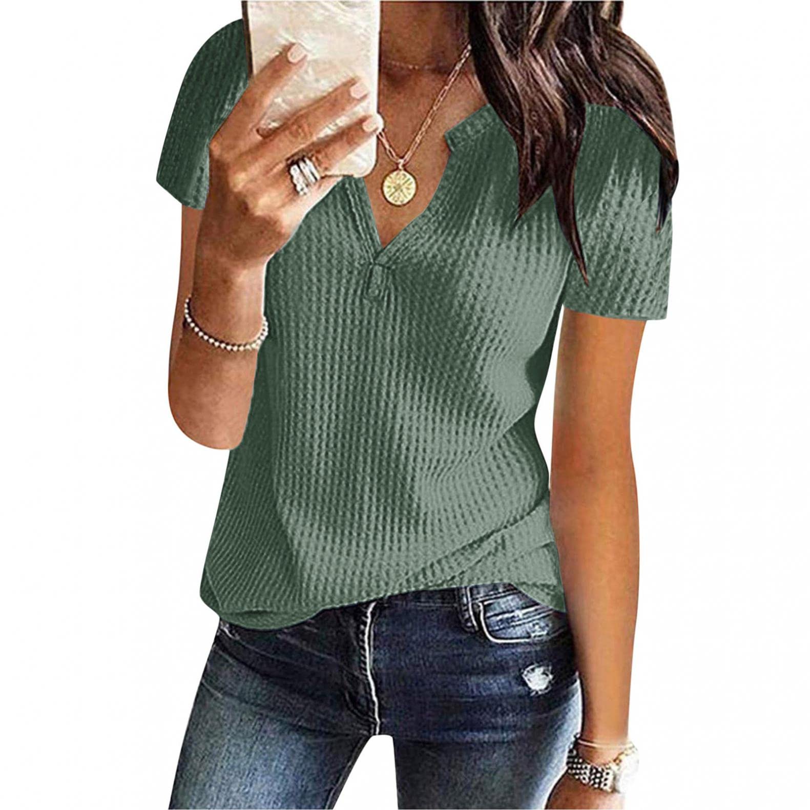 Women's Summer Waffle Knit Short Sleeve Tunic Top - Casual V-Neck Henley Blouse - Plus Size Loose Fit Shirt for Beach, Vacation & Everyday Wear