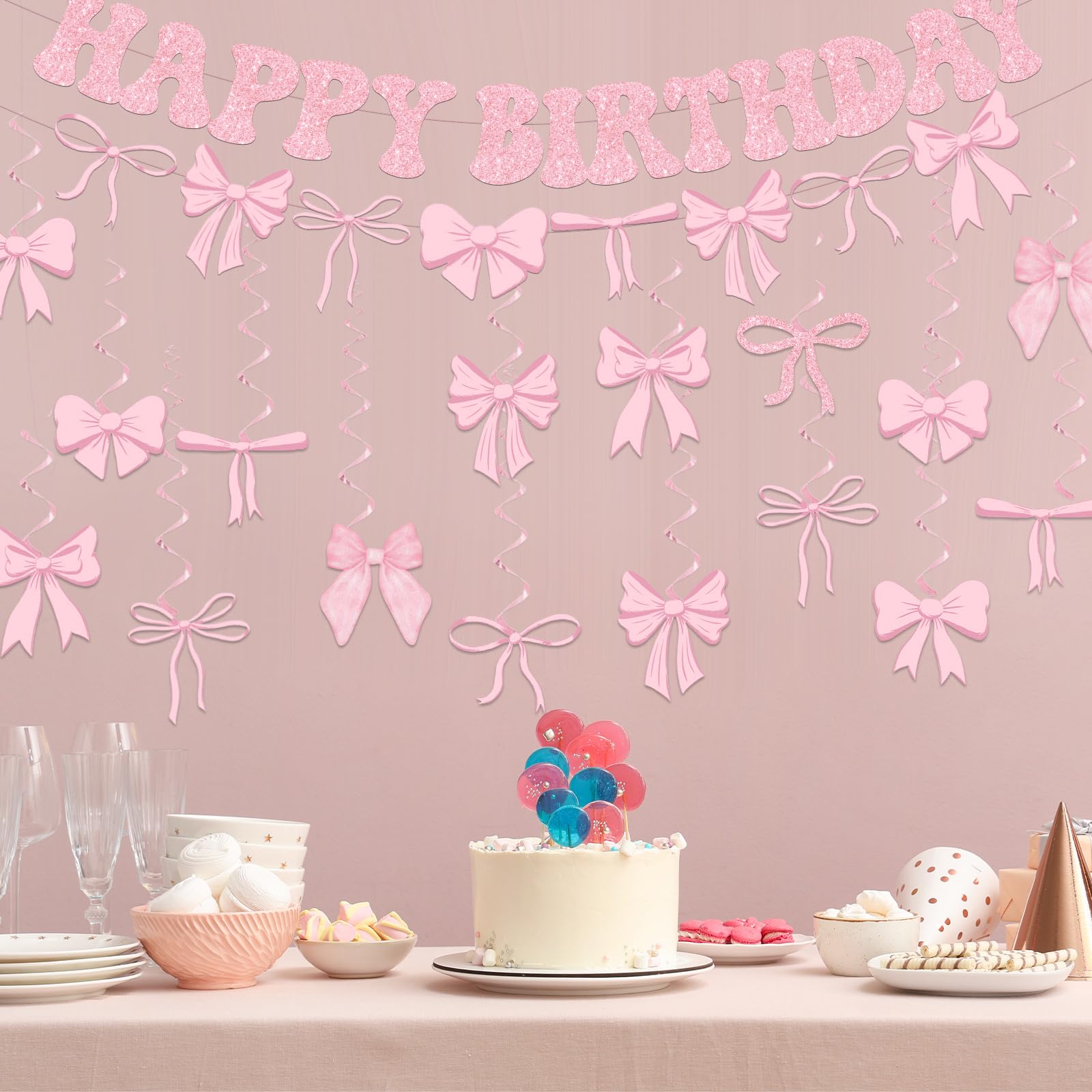 Pink Bow Birthday Party Decorations Set - Includes Happy Birthday Banner & Garland Hanging Swirls - Perfect for Girls Birthday, Baby Shower & Bridal Showers - Elegant Coquette Theme Party Supplies for Wall & Ceiling Decor
