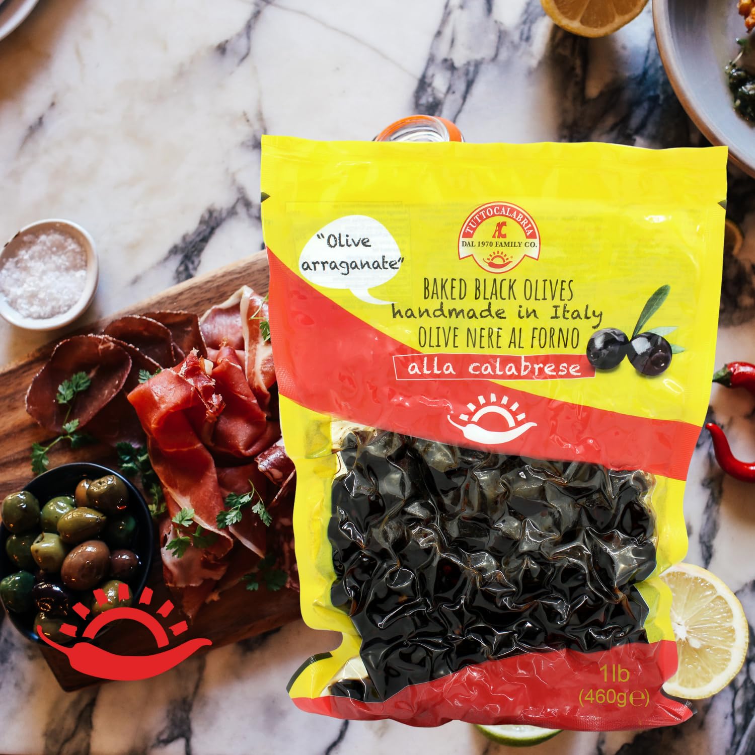 TUTTO CALABRIA Baked Oven Roasted Black Olives with Pits, Semi Dried Black Olives, 460g (16.22oz) - Authentic Italian Calabrian Olives al Forno, Handmade in Calabria | Perfect for Charcuterie Boards, Salads & Mediterranean Recipes