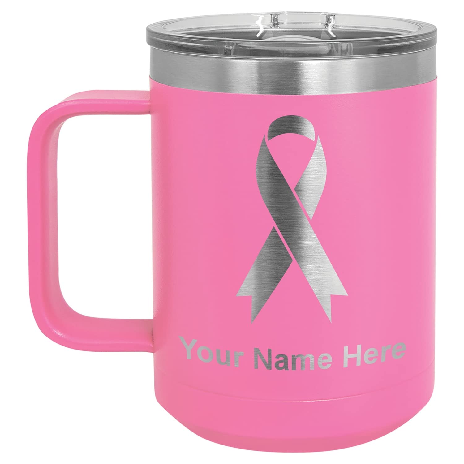 LaserGram 15oz Vacuum Insulated Coffee Tumbler with Cancer Awareness Ribbon - Personalized Engraved Pink Travel Mug for Hot & Cold Drinks - Perfect for Office, Commuting, and Outdoor Activities