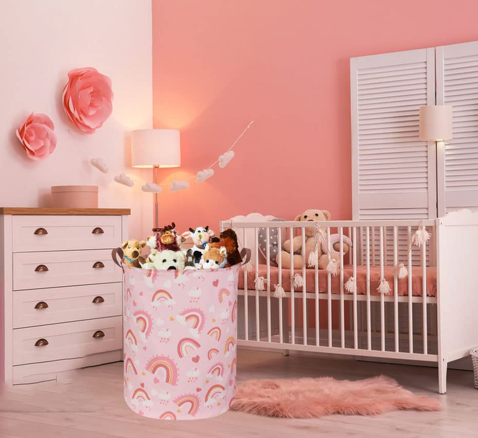 Pink Collapsible Laundry Hamper Basket - Rainbow Storage Organizer for Kids Room, Toy Storage, Girls Decor, Gift Hamper - Perfect for Bedroom, Nursery, Playroom & Dorm Organization