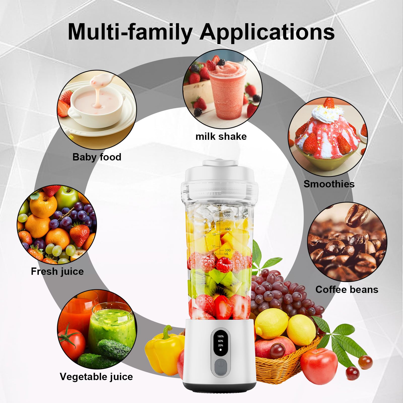 Portable USB-C Rechargeable Personal Blender - 17oz & 10oz Travel Smoothie Blender with 2 Cups, Straw, Brush & Lid - Quiet Cordless Mini Blender for Shakes, Protein Drinks & Meal Prep - Perfect for Gym, Office, Travel & Home Use
