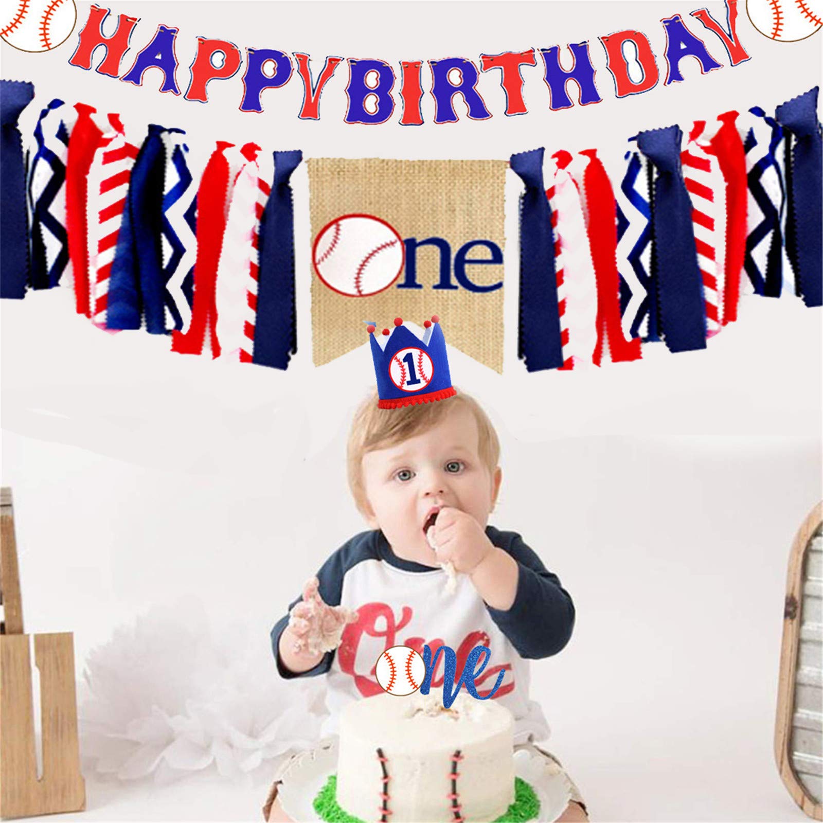 Baseball Happy Birthday Banner - Baseball Highchair Banner, Cake Topper & Birthday Crown | Handmade Baseball Theme First Birthday Party Decor for Baby Showers, Gender Reveals & Sports Themed Celebrations - Perfect for Baseball Lovers' Birthday Parties, Nursery Decorations and Sports Fan Events