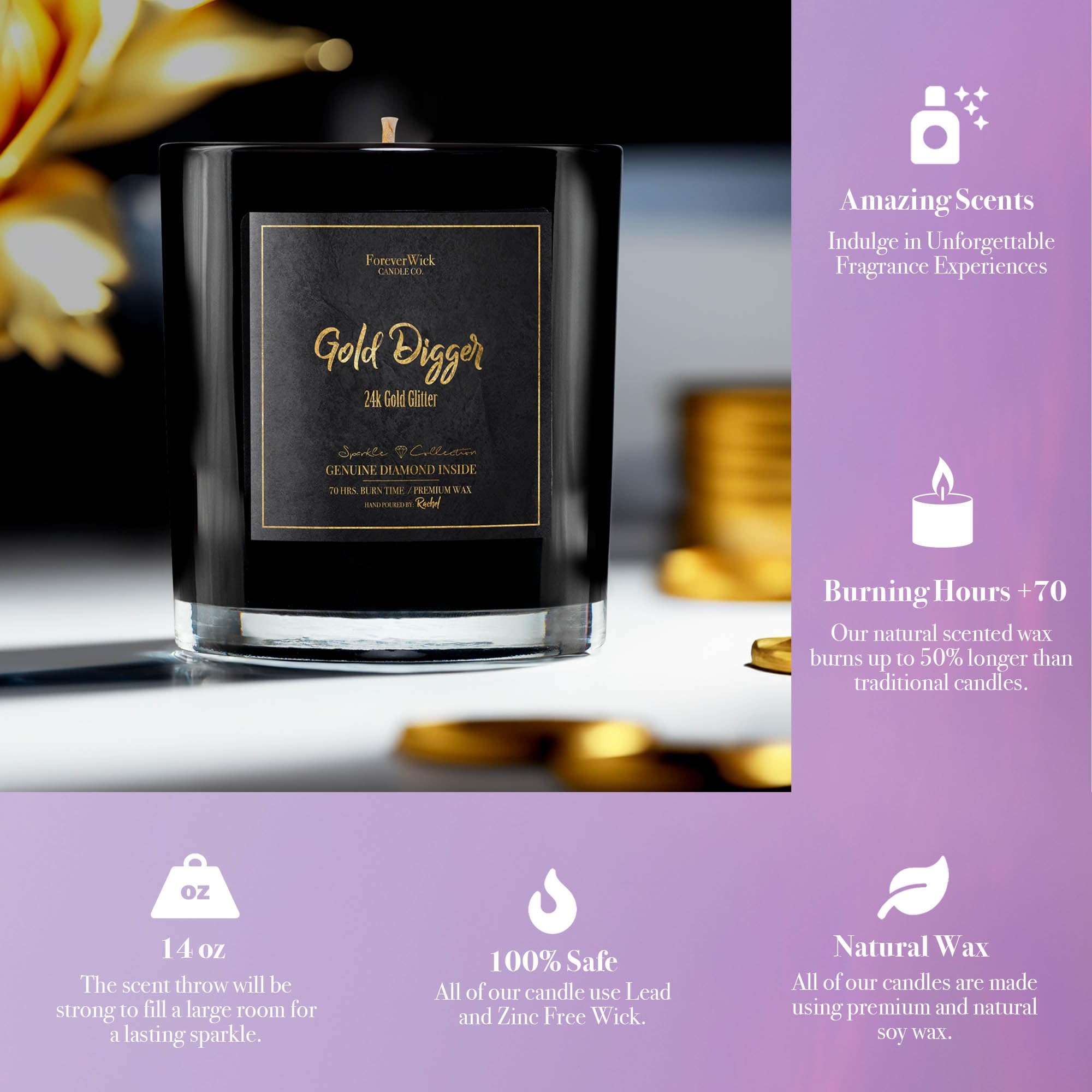 Gold Digger Sparkle Sandalwood & Amber Scented Soy Candle with Hidden Diamond Inside | 14oz All-Natural Organic Soy Wax Candle | 70-Hour Burn Time | Aromatherapy Gift for Women, Birthday, Anniversary | Perfect for Home Decor, Relaxation & Romantic Ambiance