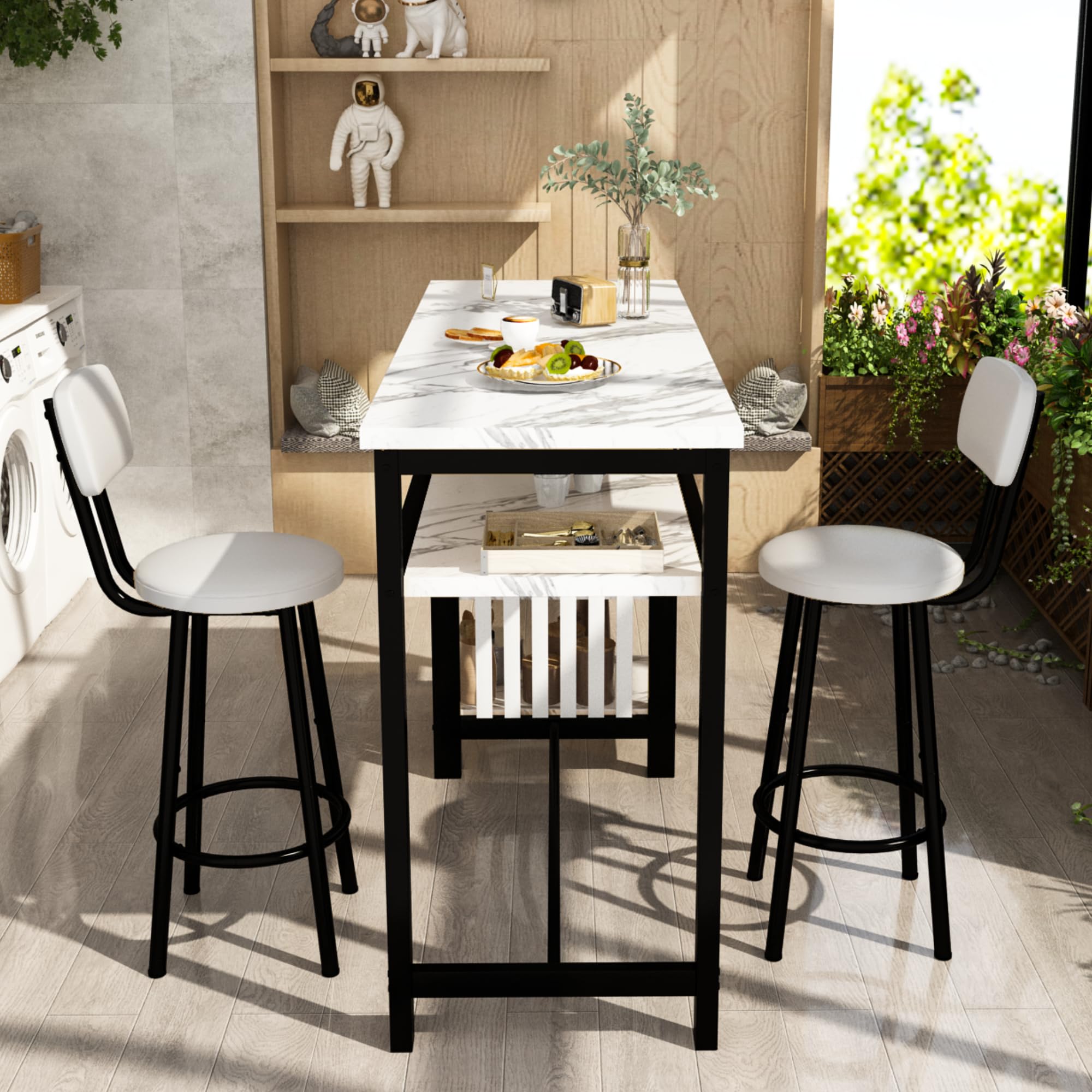 Modern 5-Tier Compact Kitchen Bar Height Table & 2 Chairs Set - White Faux Marble Top with Black PU Leather Upholstered Seats - Space-Saving Dining Set for Small Apartments, Breakfast Nooks & Home Offices