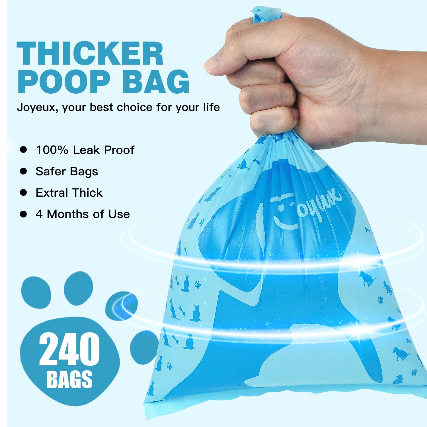 Joyeux 240 Count Ocean Scent Dog Poop Bags with Dispenser - Extra Thick, Leak-Proof Waste Bags for Dogs & Cats - Blue Pet Litter Bags for Outdoor Walks, Park Visits & Backyard Cleanup