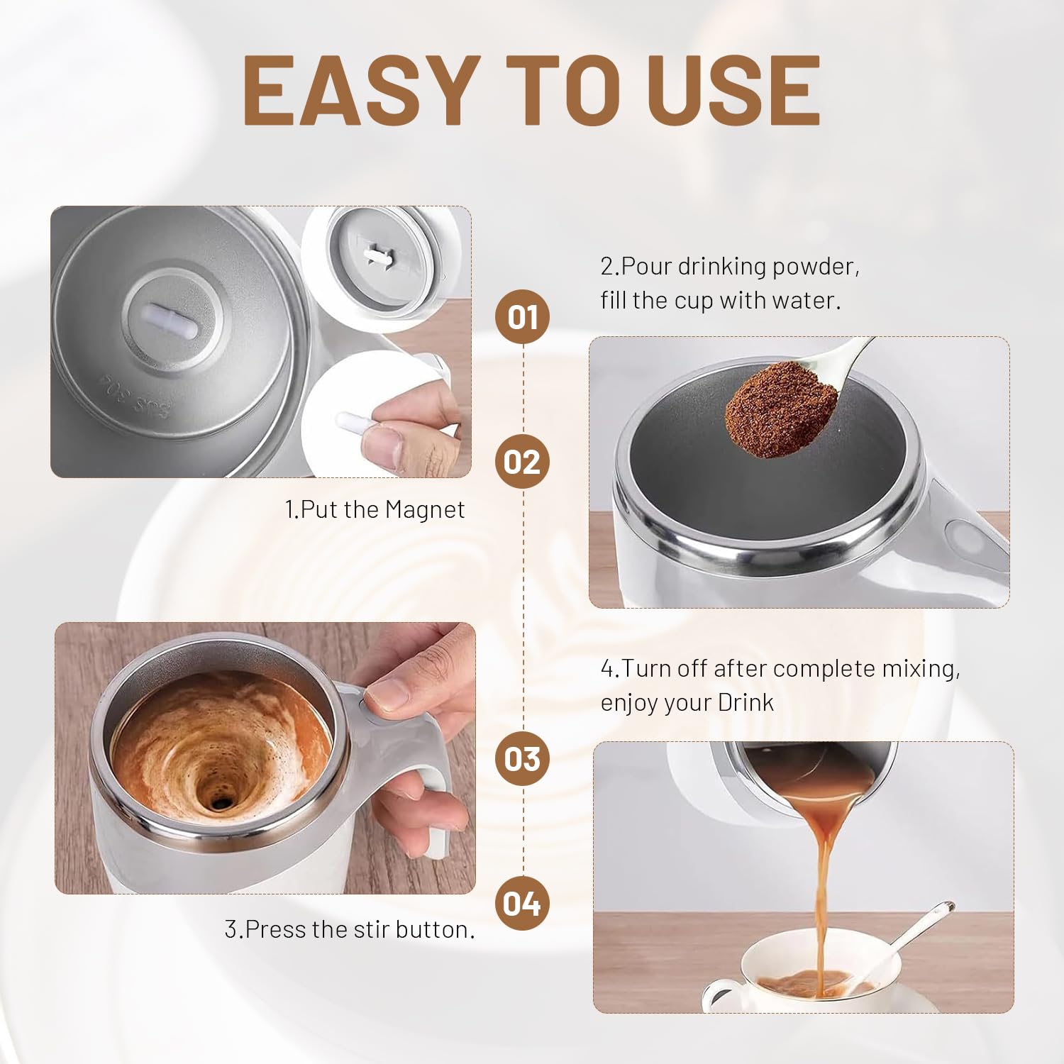 Self Stirring Coffee Mug - Automatic Magnetic Stirring Travel Mug with Rechargeable Battery, Stainless Steel Smart Coffee Cup for Coffee, Tea & Hot Chocolate - Perfect for Office, Home & Outdoor Use (Brown)
