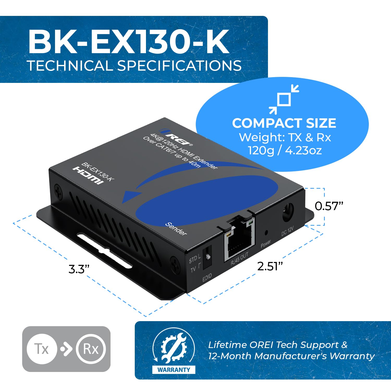 OREI 4K@120Hz HDMI Over Ethernet Extender Balun - Ultra HD 4:4:4 HDR Transmission via Single CAT6/7 Cable (130ft Range) with Bi-Directional IR Control & Audio L/R Output - Perfect for Home Theater, Gaming Setup, and Professional AV Installations (Model BK-EX130-K)