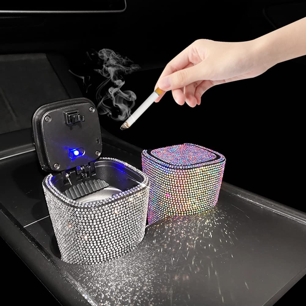 Car Diamond-Encrusted Ashtray with LED Lights - Windproof Odor-Proof Cover - Bling Bling Mini Car Trash Can for Office, Bedroom, Living Room, Study, Bathroom, Dining Room - Perfect for Cars, Home & Travel (White)