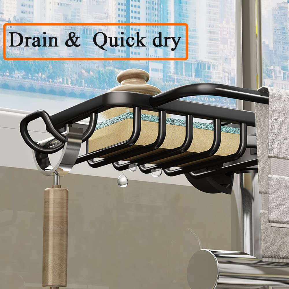 Stainless Steel Kitchen Sink Organizer with Double Towel Rack & Hooks - Over The Faucet Sink Caddy for Sponge, Soap & Utensils - Perfect for Small Kitchen Organization & Dish Drying (Black)