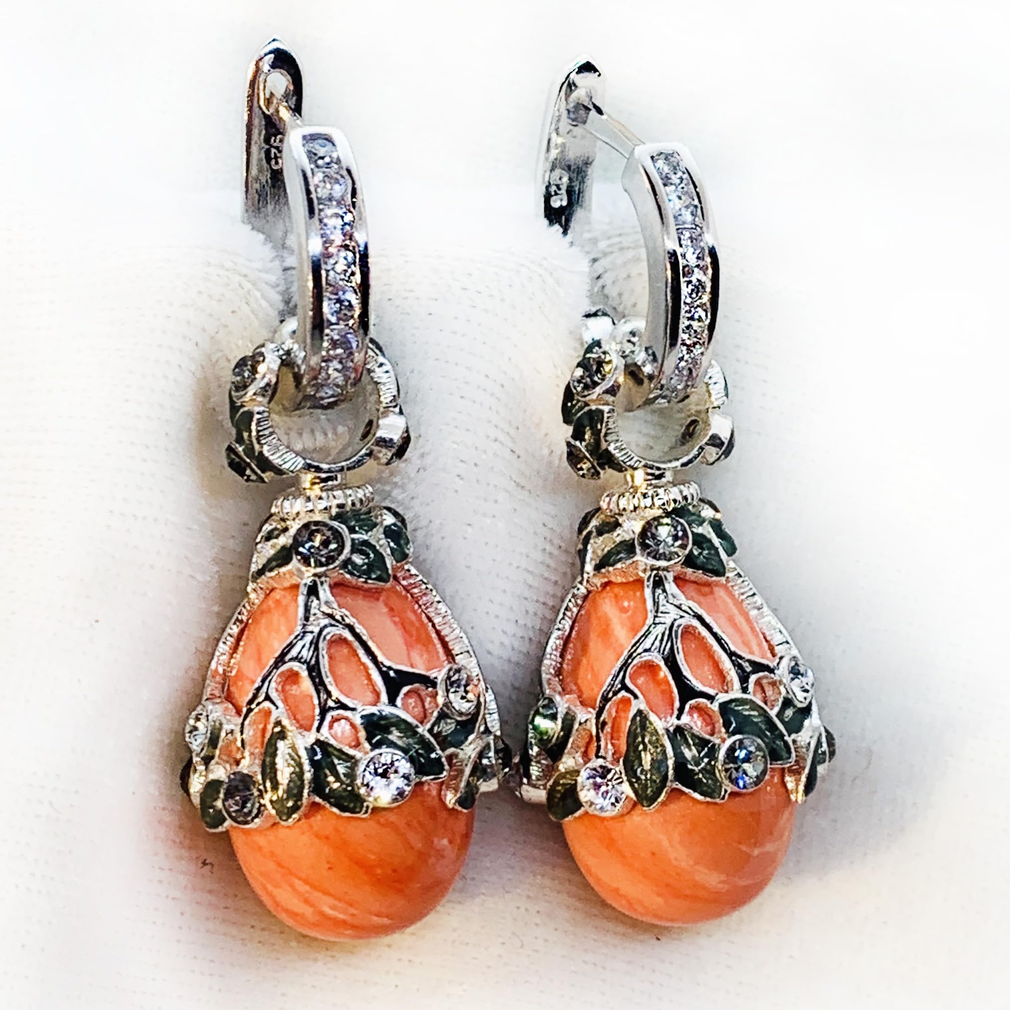 925 Sterling Silver Egg Coral Art Deco Earrings with Crystals & Enamel - Cubic Zirconia Hoop Earrings for Women | Perfect for Parties, Weddings & Special Occasions